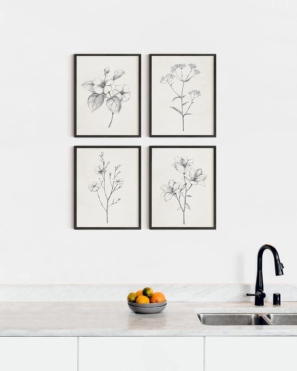 Haus and Hues Grey Floral Wall Art - Set of 4 Plant Posters for Wall Vintage, Botanical Prints, Black and White Wall Art Flower Pictures for Room Aesthetic, Farmhouse Bathroom Art (8x10, Unframed)