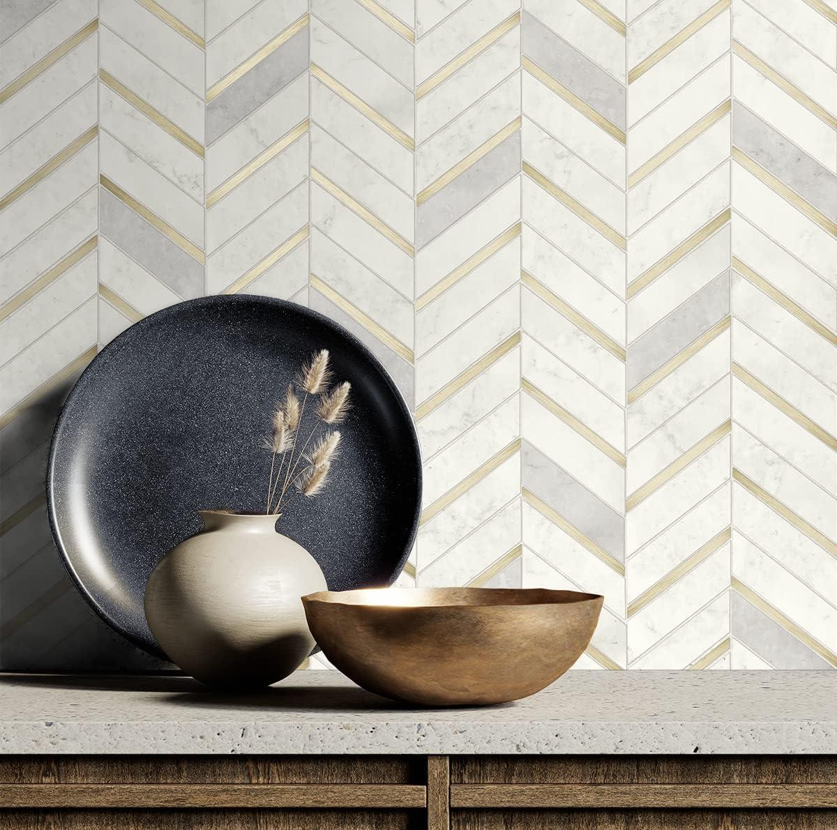 NextWall Faux Chevron Marble Tile Peel and Stick Wallpaper: Self-Adhesive, Repositionable, Washable, Gold, 30.75 Sq Ft Coverage