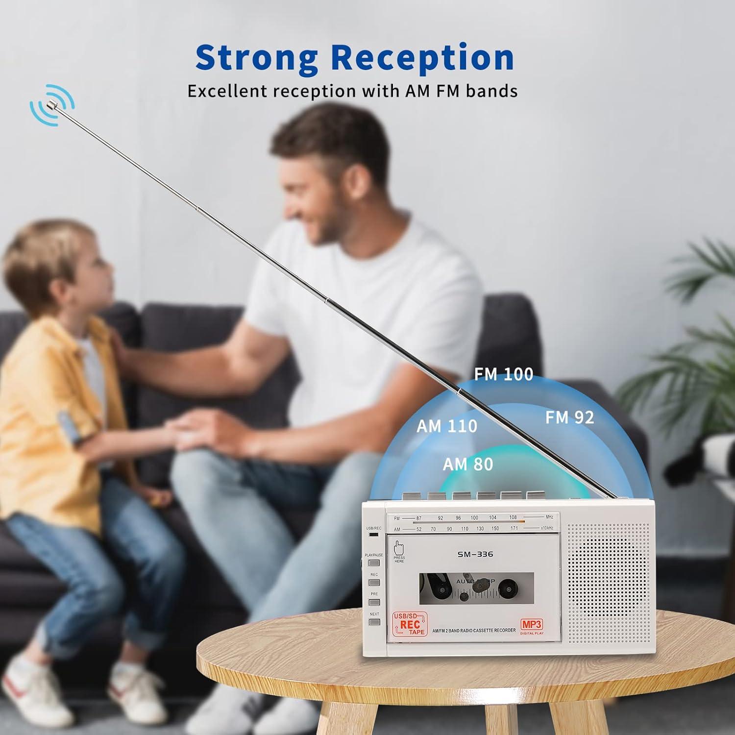 Small Cassette Player Recorder, Cassette to Digital Converter via USB or Micro SD Card, Powered by AC or 4 AA Battery, AM FM Radio Tape Recorder with Build-in Speaker and Earphone Jack