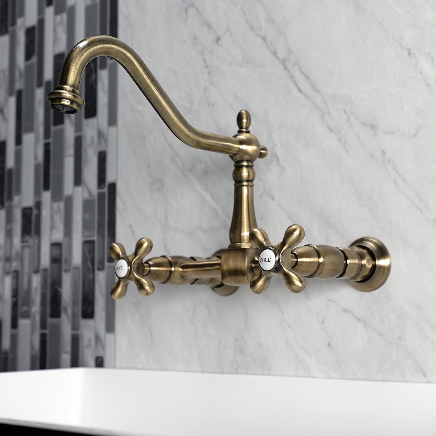 Kingston Brass Heritage Double-Handle 2-Hole Wall-Mount Bridge Kitchen Faucet