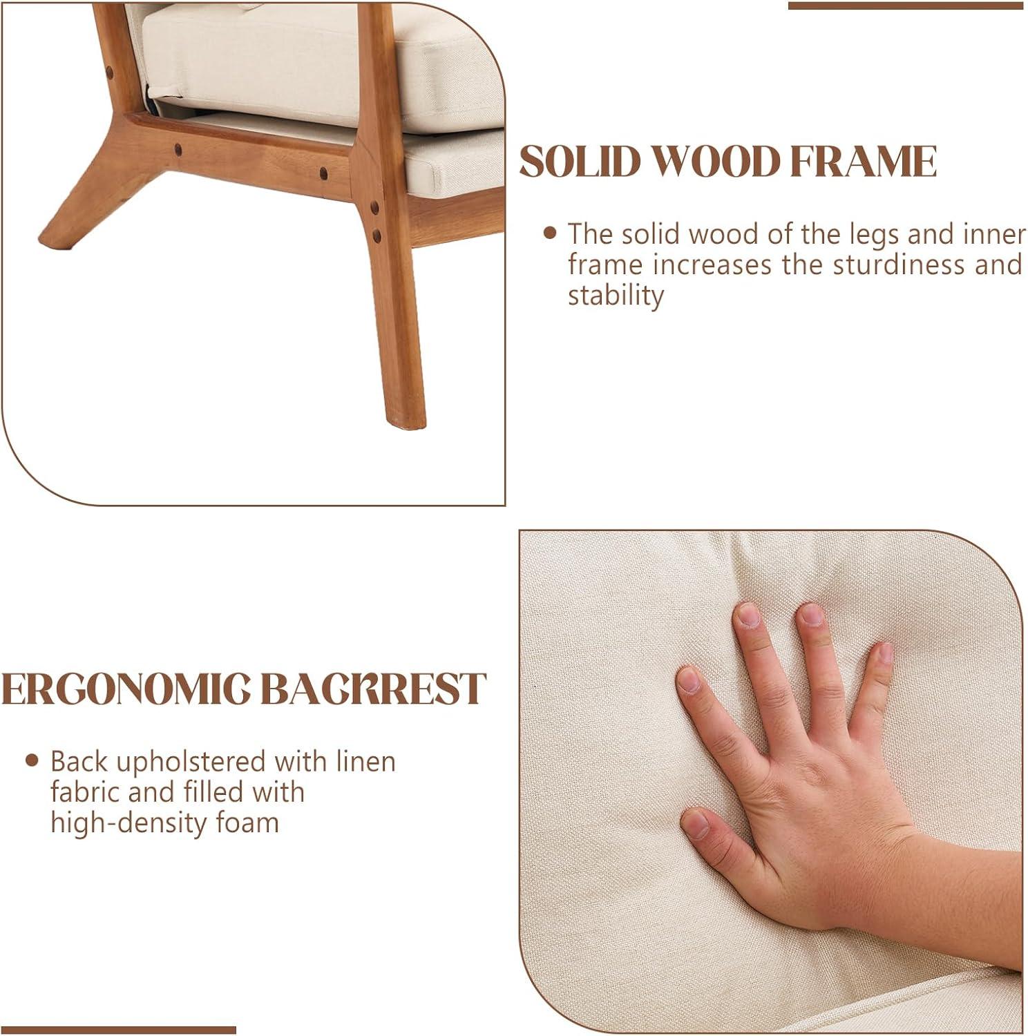 JULY'S SONG Mid-Century Wood Upholstered Fabric Solid Print Armchair, Beige (Set of 2)