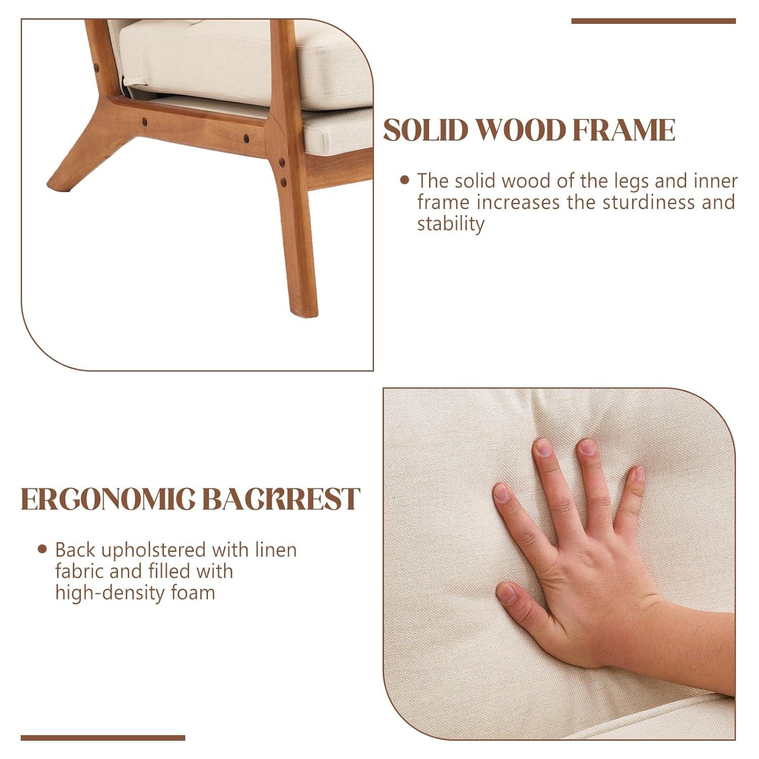 JULY'S SONG Mid-Century Wood Upholstered Fabric Solid Print Armchair, Beige (Set of 2)