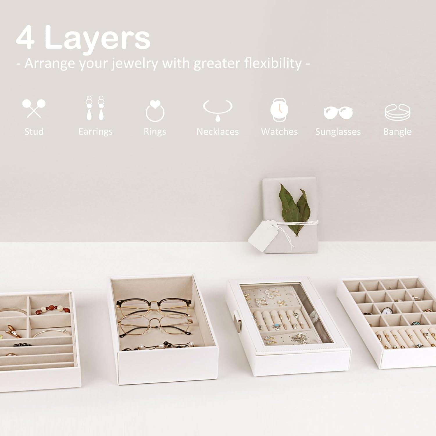 Latitude Run® Stackable Jewelry Trays, 4-Tier Jewelry Box, Drawer Jewelry Organizer, With Glass Lid, Removable Dividers, For Vanity Table, 6.7 X 11 X 7.2 Inches, Cloud White