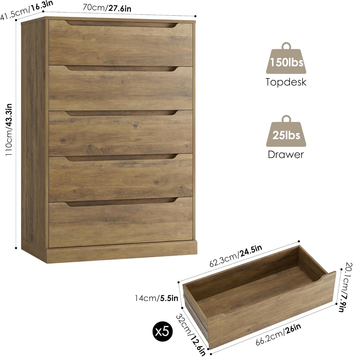Homfa Dresser for Bedroom, Wood Storage Chest of 5 Drawers with Cutout Handles for Living Room, Rustic Brown