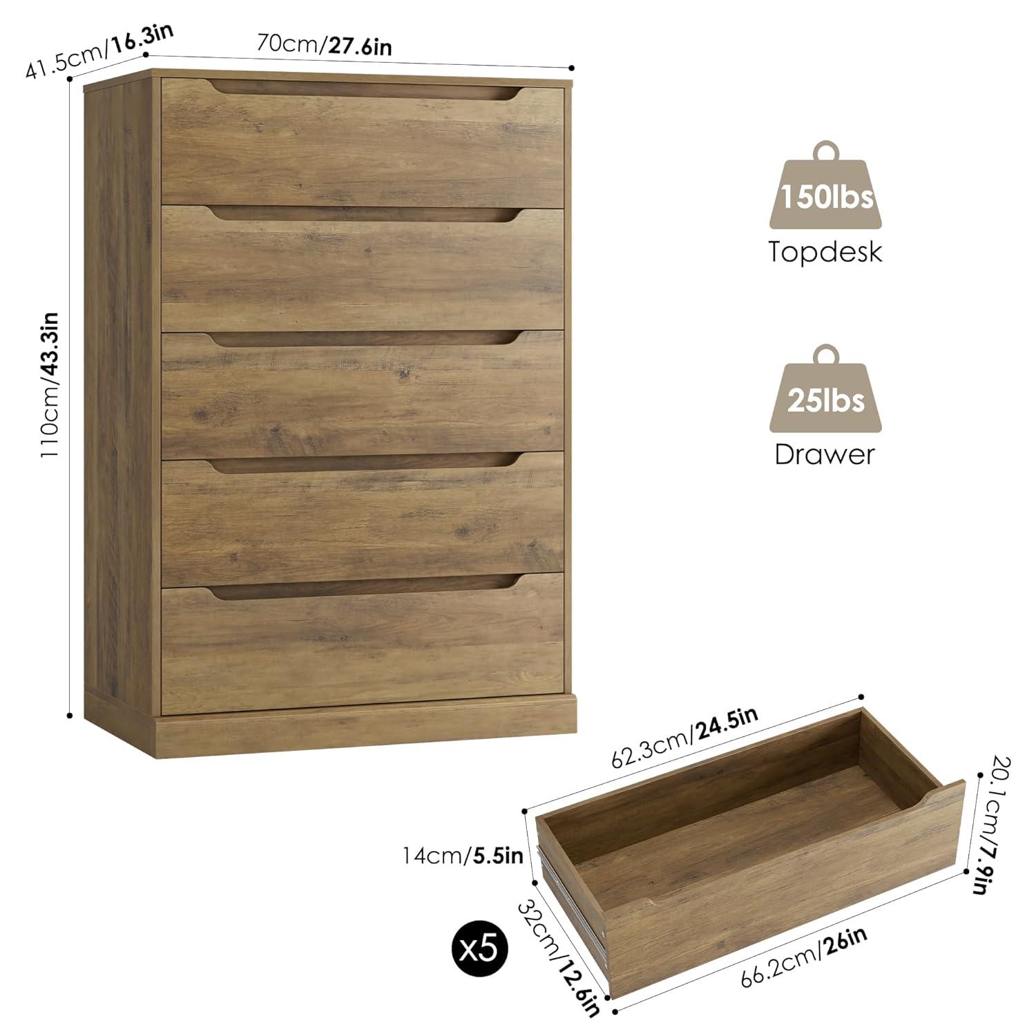 Homfa Dresser for Bedroom, Wood Storage Chest of 5 Drawers with Cutout Handles for Living Room, Rustic Brown