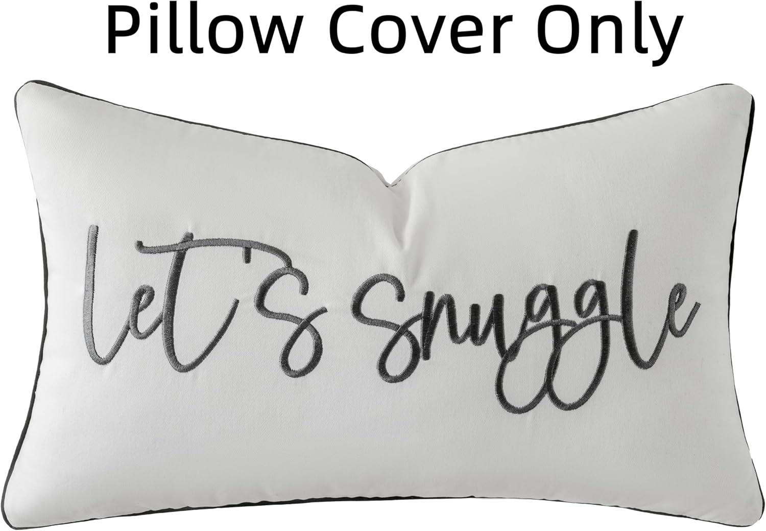 Sunkifover Let's Snuggle Decorative Lumbar Pillow Cover - 12x20 Inch White and Grey Cotton Embroidery Throw Pillowcase for Bed, Bedroom, Living Room, Home Decor