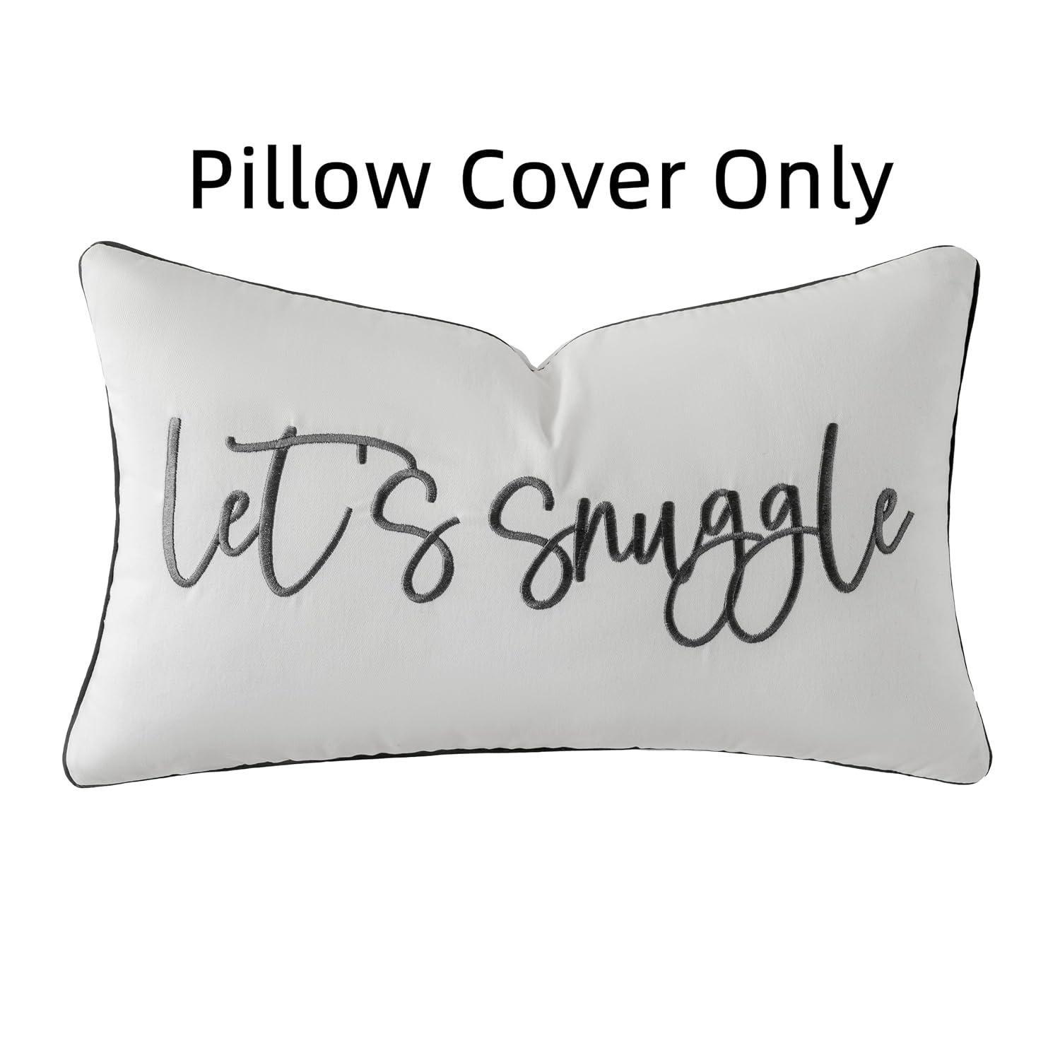 Sunkifover Let's Snuggle Decorative Lumbar Pillow Cover - 12x20 Inch White and Grey Cotton Embroidery Throw Pillowcase for Bed, Bedroom, Living Room, Home Decor