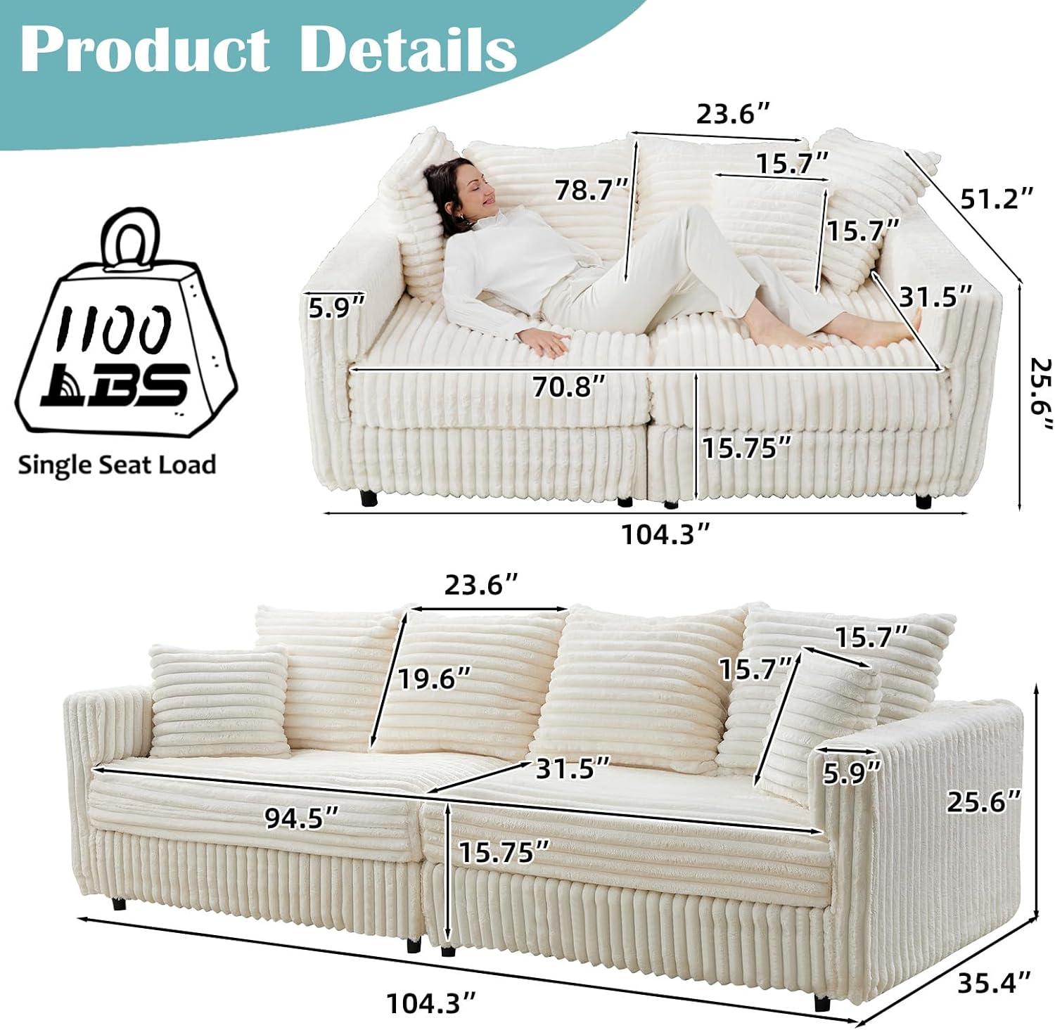104.3''Cloud Sectional Couch,Oversized Living Room Convertible Sofa, Plush Corduroy Sofa W/6 Soft Pillows,4 Deep Seat Memory Foam Couches,Plush Couch for Living Room, Apartment (Beige)