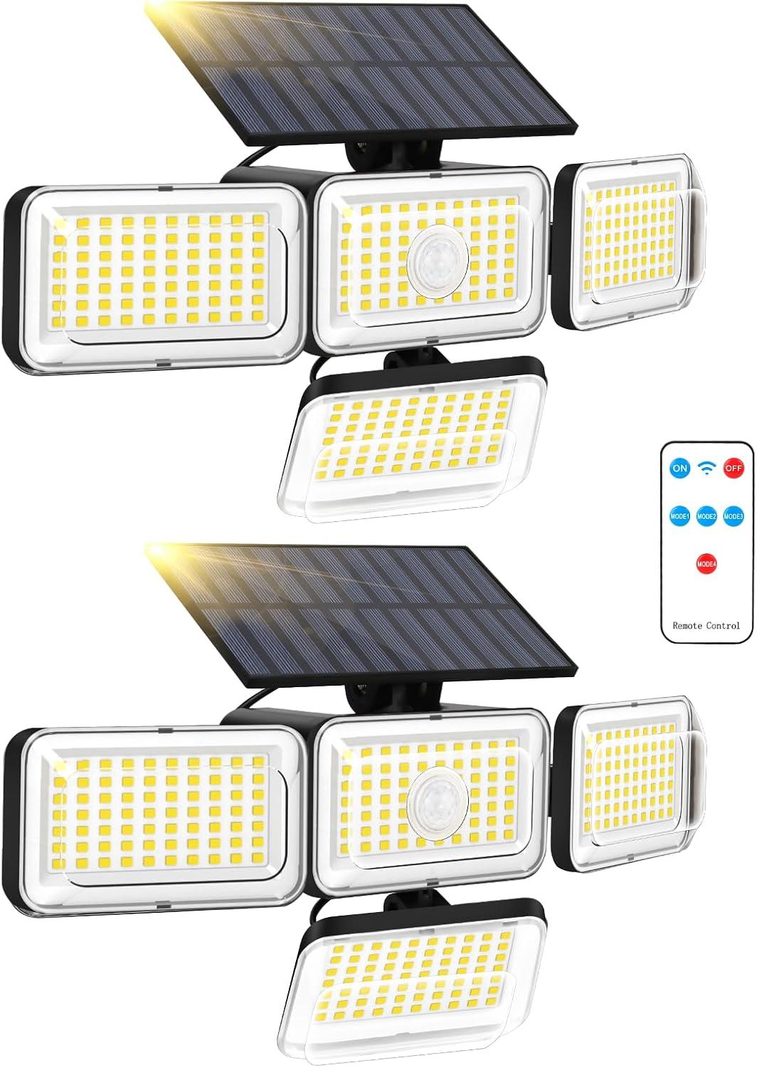 2 Pack 4 Heads Solar Flood Wall Lights,IP65 Waterproof Motion Sensor Outdoor Lights with Remote Control for Outside Yard