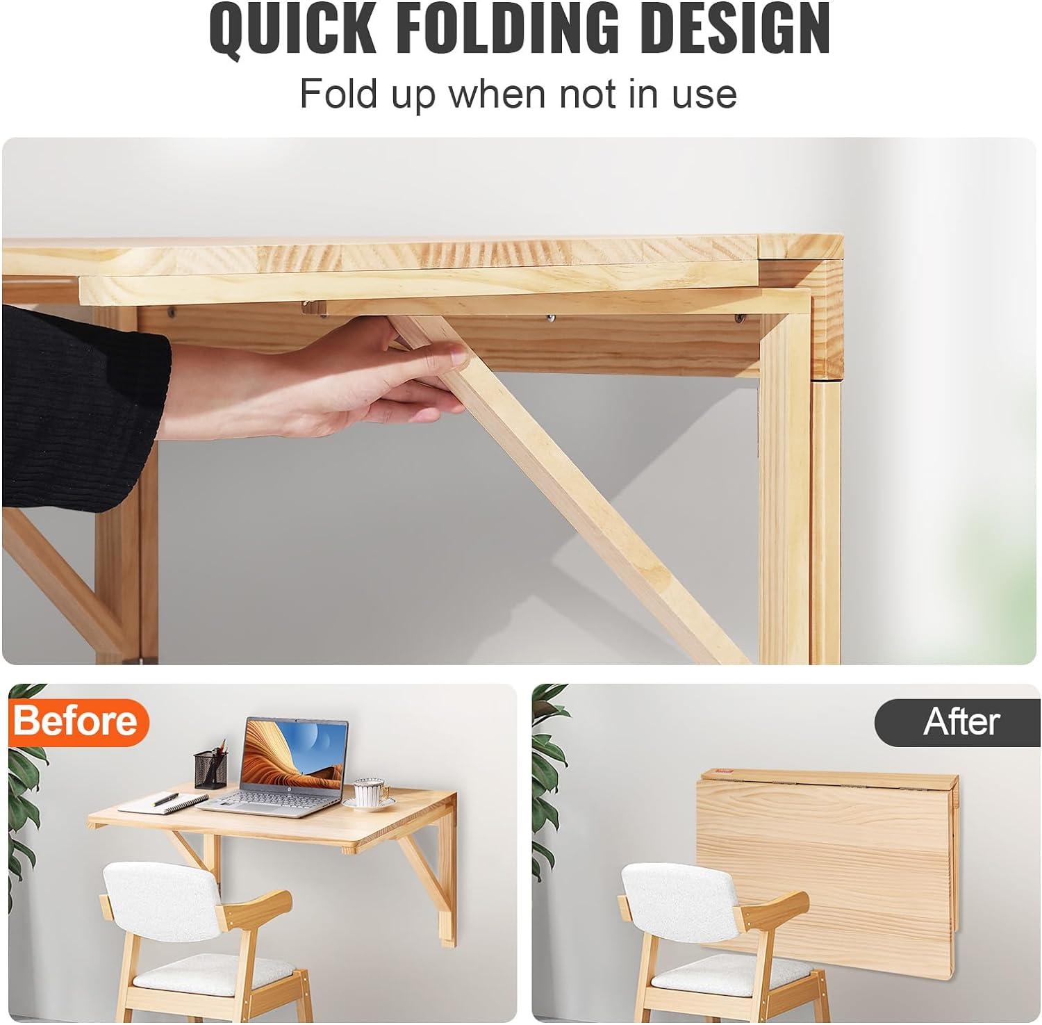 Pine Wood Wall Mounted Folding Desk with Alloy Steel Brackets