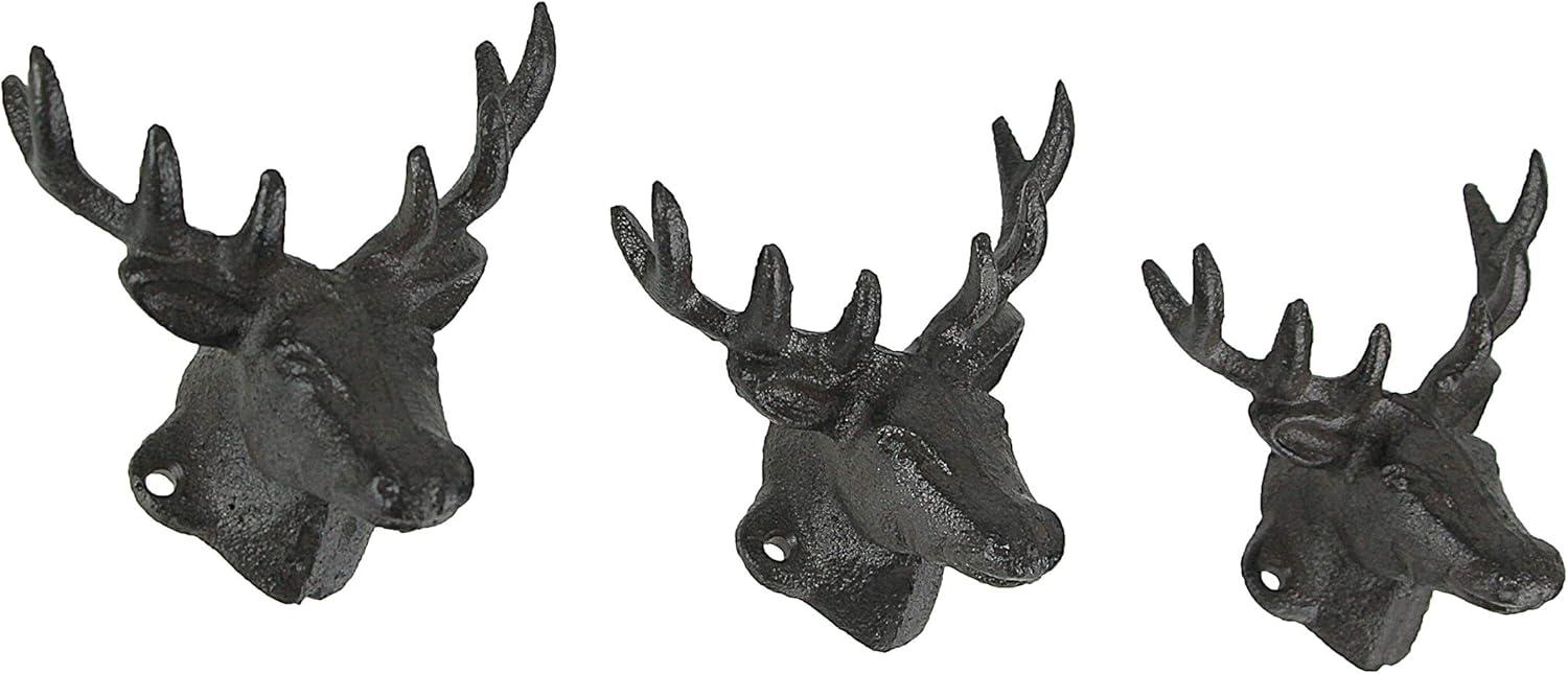 Set of 3 Rustic Brown Cast Iron Deer Head Wall Hooks