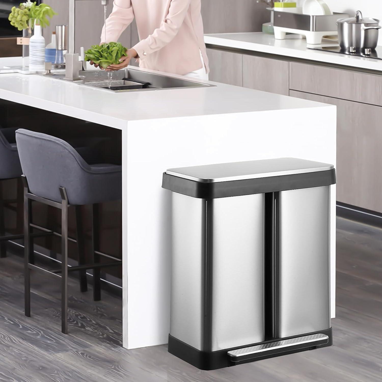 16 Gallon (30L+30L) Trash Can, Fingerprint Proof Stainless Steel Kitchen Garbage Can With Soft-Close Lid And 2 Removable Liner