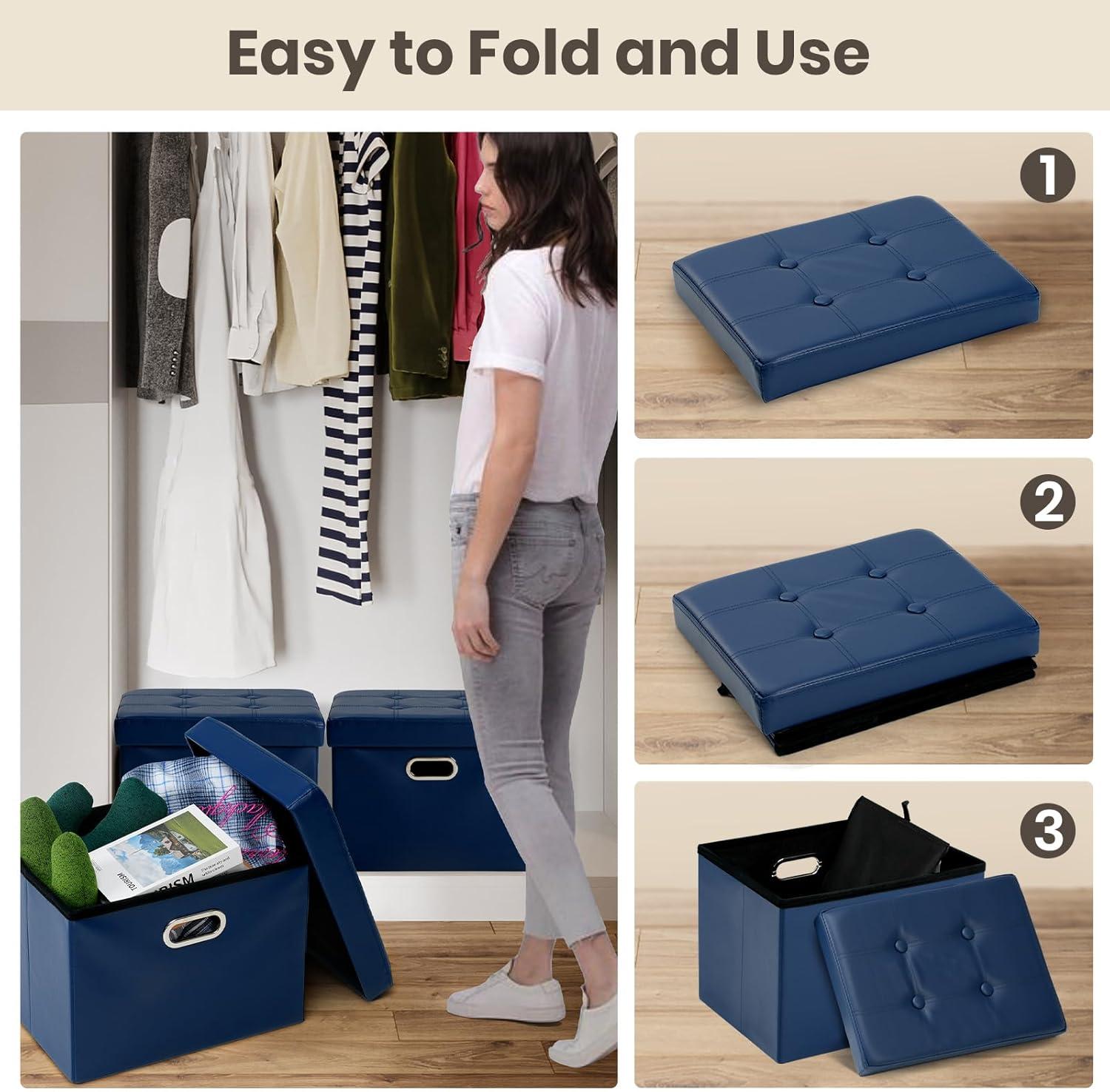 Royal Blue Leather Folding Storage Ottoman with Handles