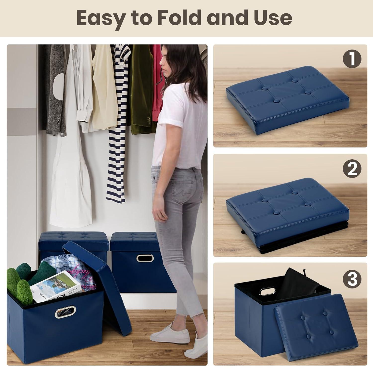 COSYLAND Storage Ottoman 17x13x13in Leather Ottoman Rectangle Footrest Footstool Folding Ottoman for Room Dorm Small Collapsible Bench Seat Organizer Entryway Furniture with Handles Lid Royal Blue