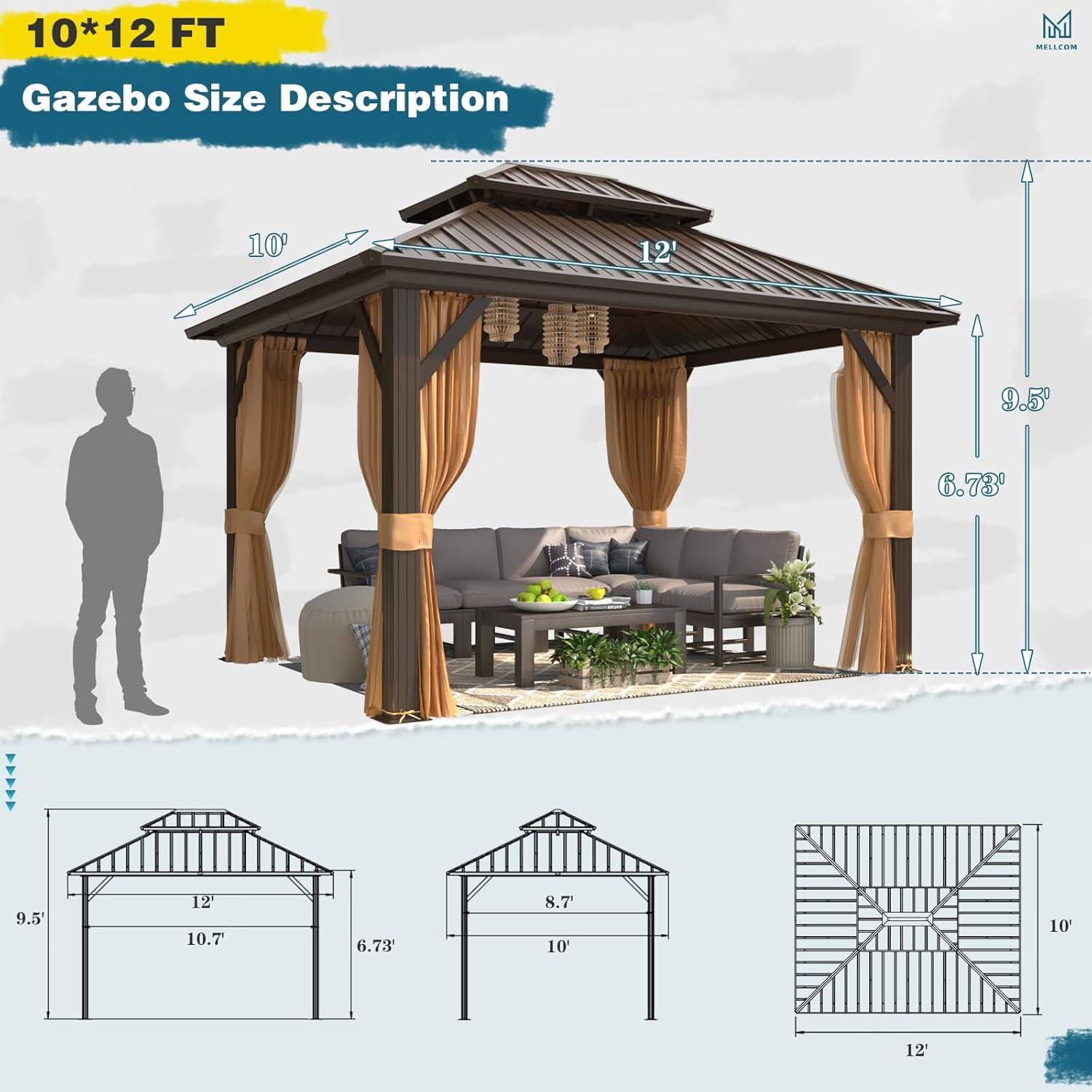 Erinnyees Gazebo 10’x12’W/Steel Double Roof, Wooden-looking Coated Aluminum Frame Waterproof Pavilion, Curtains & Netting Included Hardtop Gazebo for Patio Backyard Garden Lawn Parties, Brown