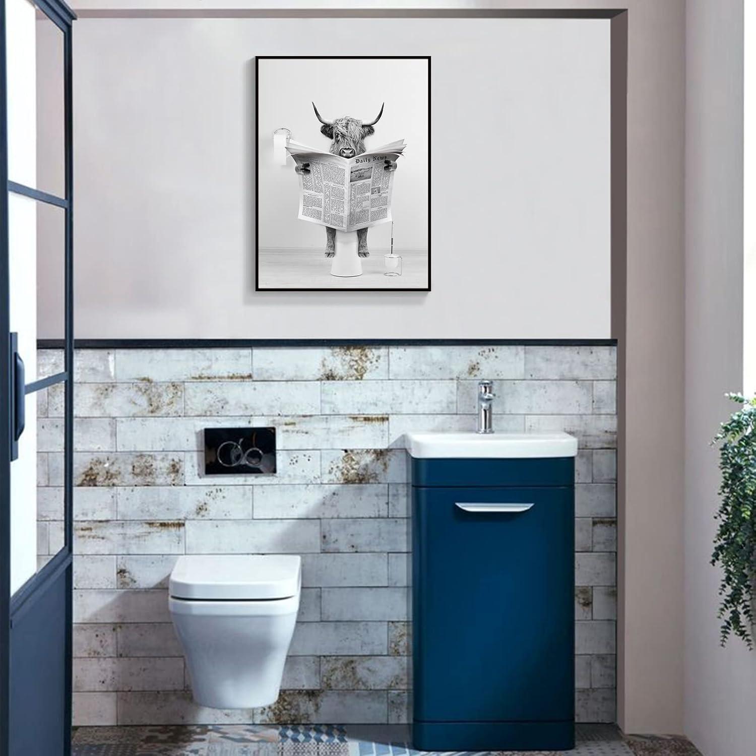 Modern Black Framed Highland Cow Wall Art Minimalist Bathroom Wall Decor Cute Funny Animals Artwork Canvas Prints Ready to Hang for Guest Bathroom, Hotel, Condo, Kids Bathroom, 12”x16”