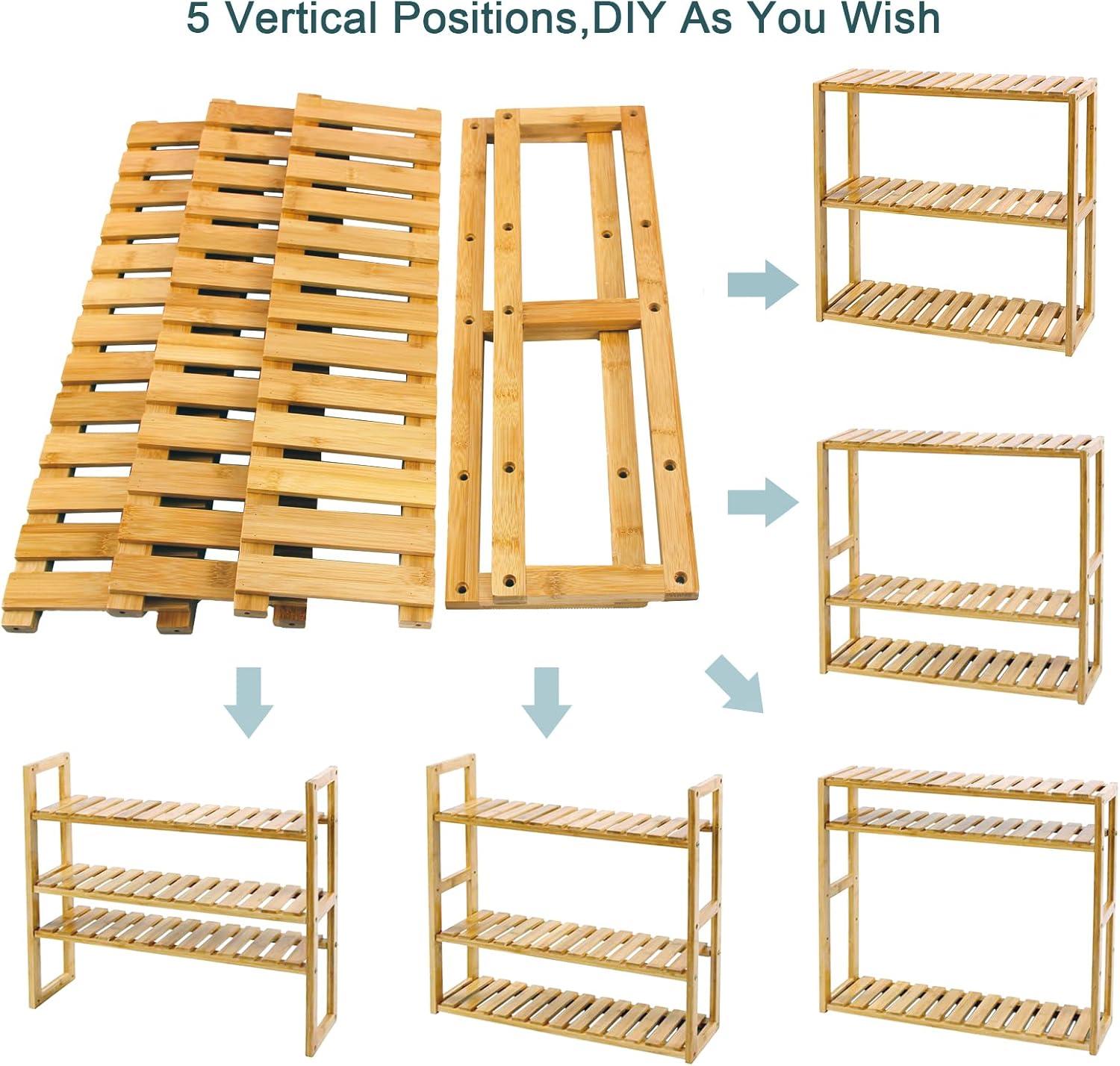 Natural Bamboo 3-Tier Adjustable Utility Shelf