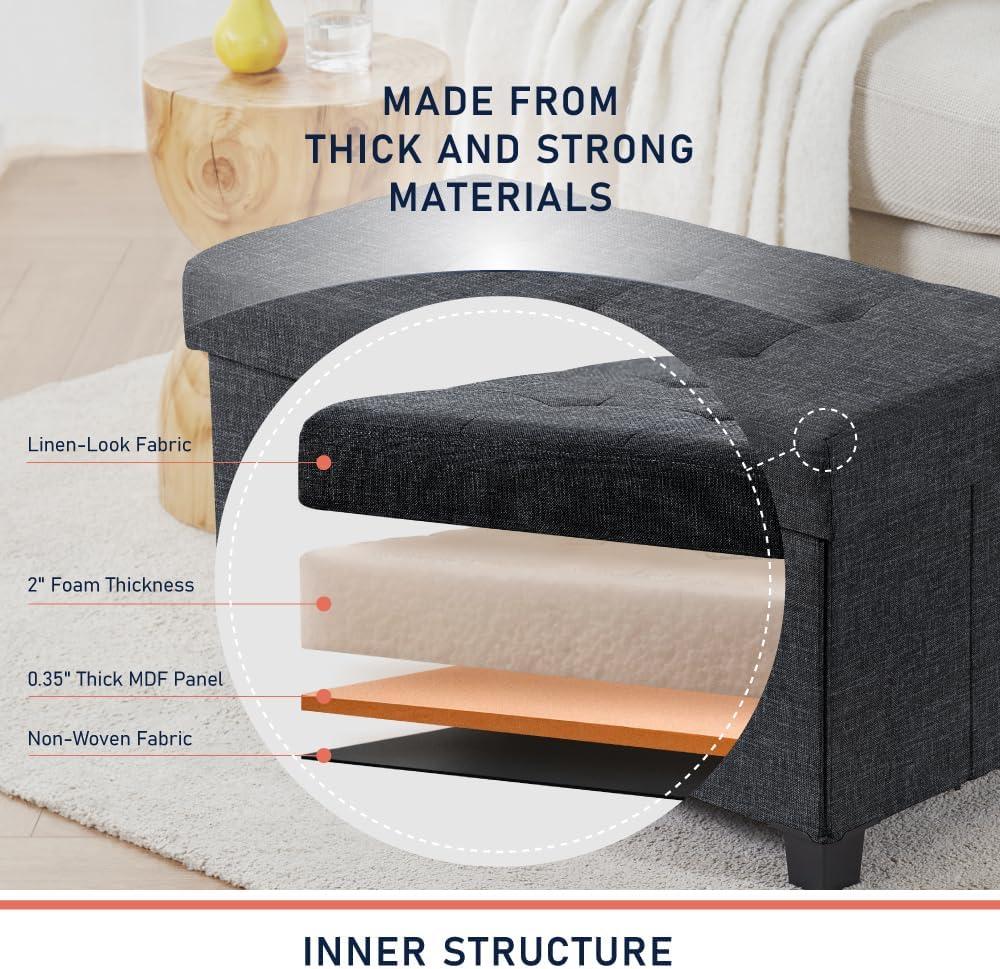 Ornavo Home Foldable Tufted 30 Inch Linen Bench Storage Ottoman with Legs - Black