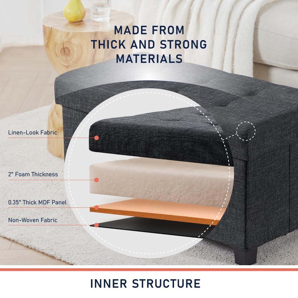 Ornavo Home Foldable Tufted 30 Inch Linen Bench Storage Ottoman with Legs - Black