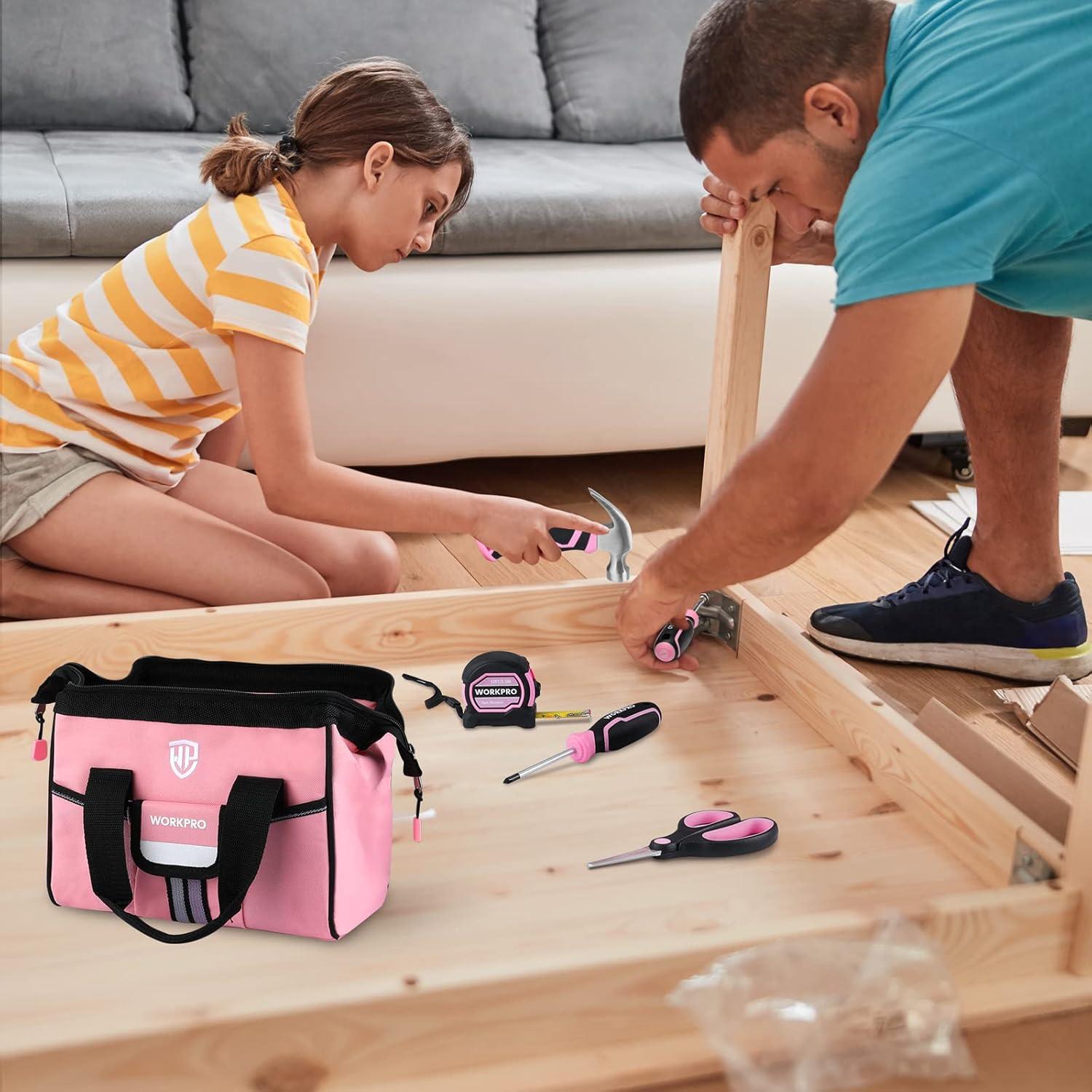 WORKPRO 9-Piece Kids Real Hand Tool Set, Pink Junior Tool Kit with Storage Bag for Boys, Girls, Children DIY Building and Woodworking, Age 8+