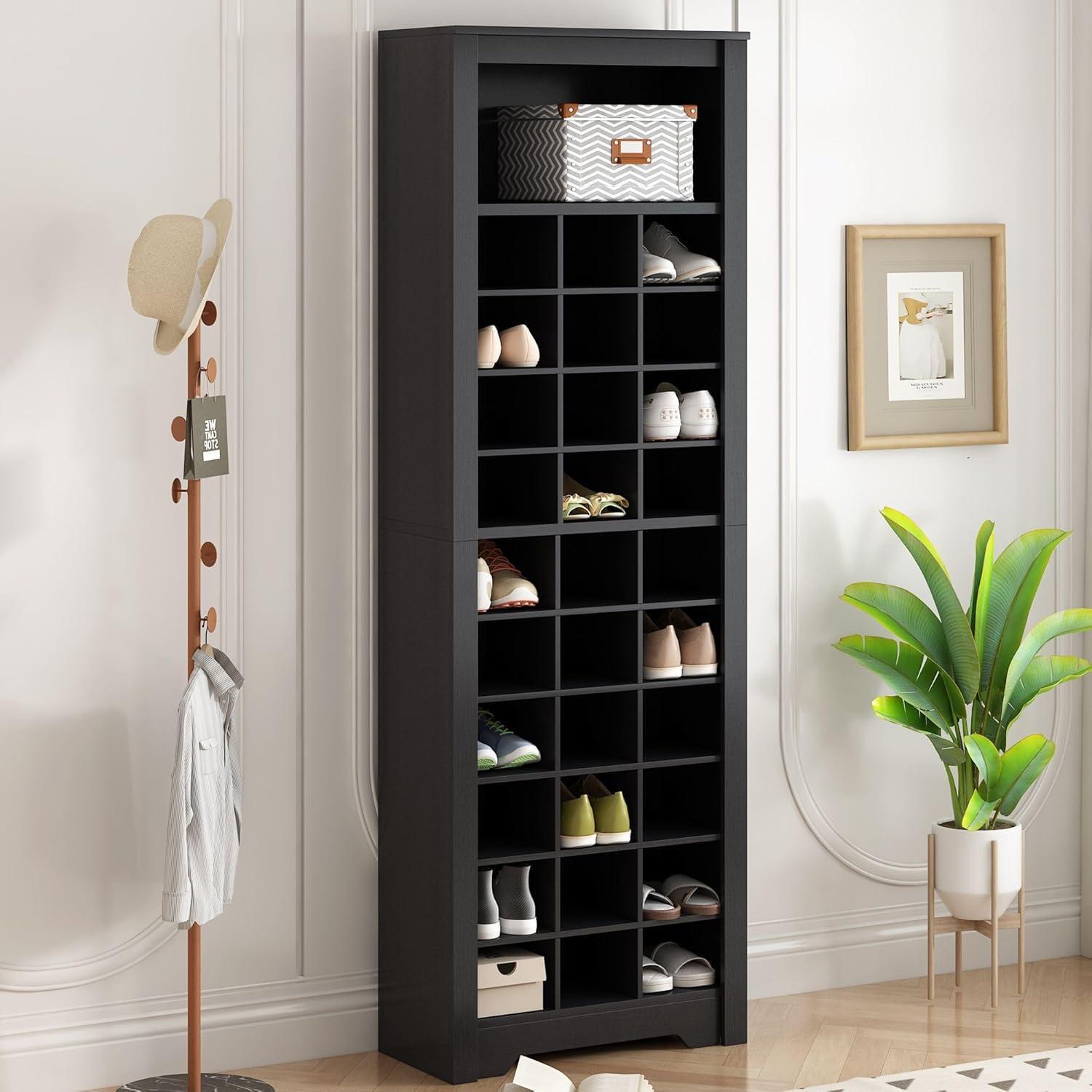 Tall Black Particle Board 30-Pair Shoe Cubby Cabinet