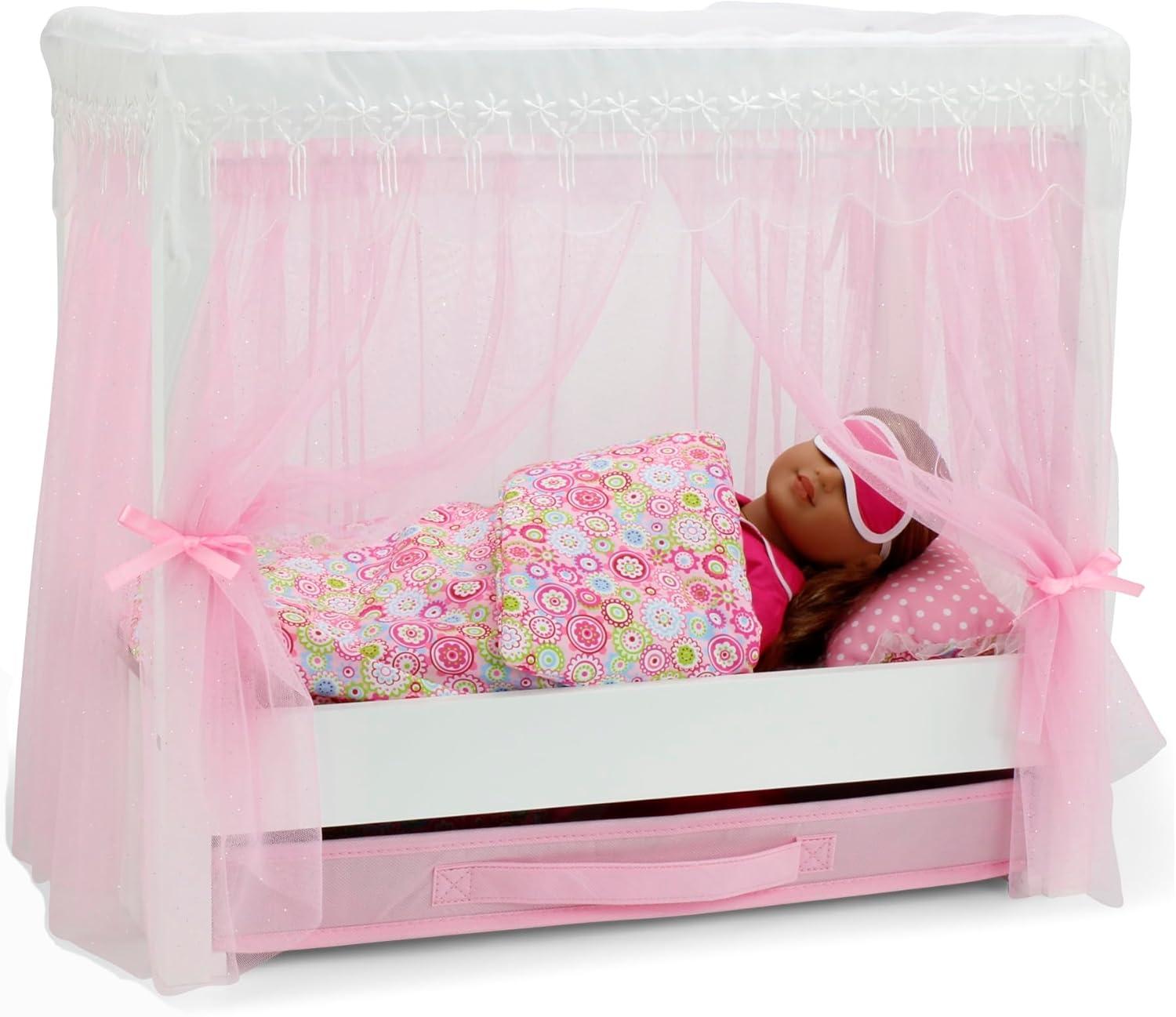 Emily Rose 18 Inch Doll Furniture | 18" Doll Canopy Single Bed with Doll Clothes Storage Drawer | Doll Bed Includes a 5 Piece Colorful Bedding Set | Fits 15" - 18" Dolls