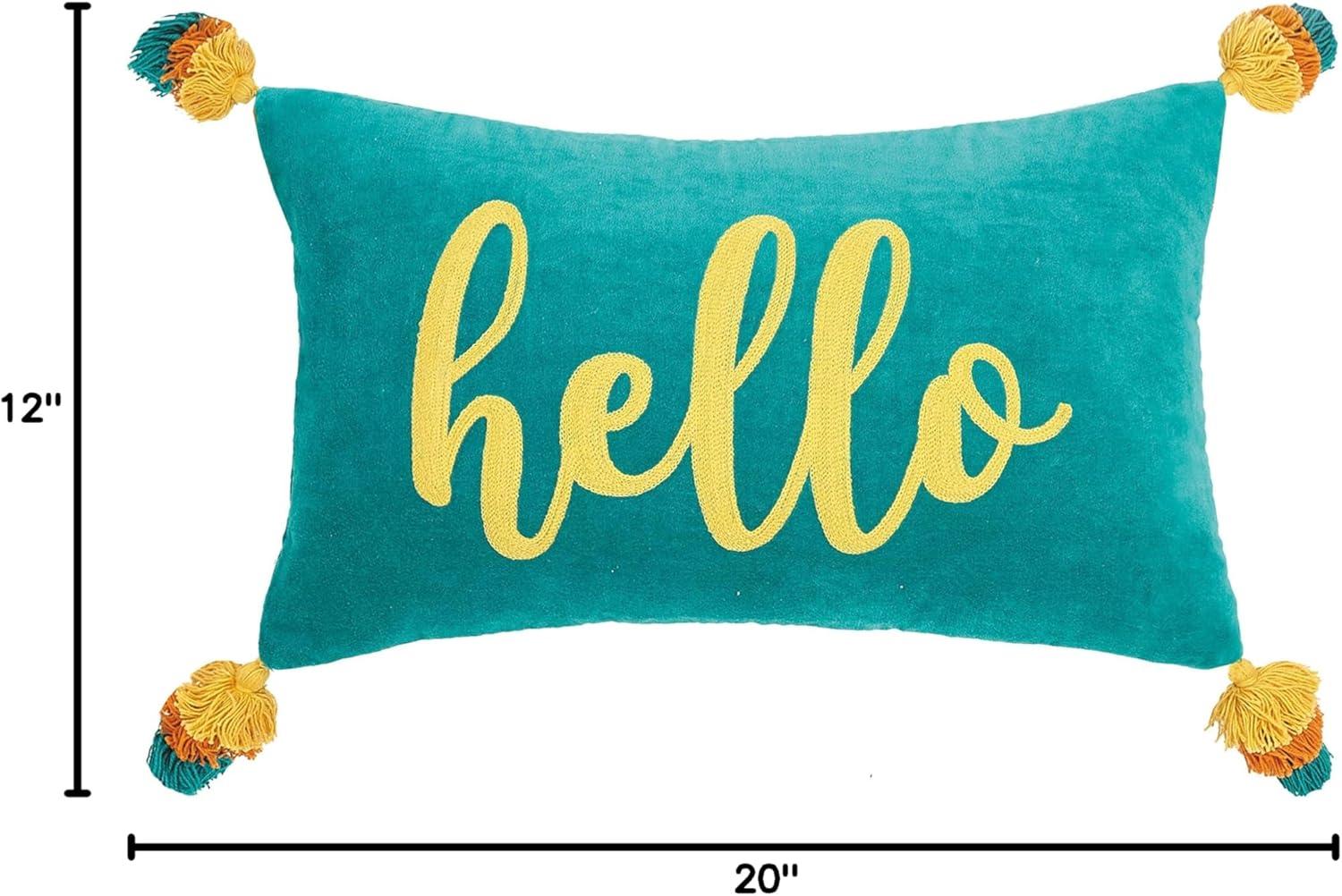 Teal Cotton Embroidered Rectangular Pillow with Tassels