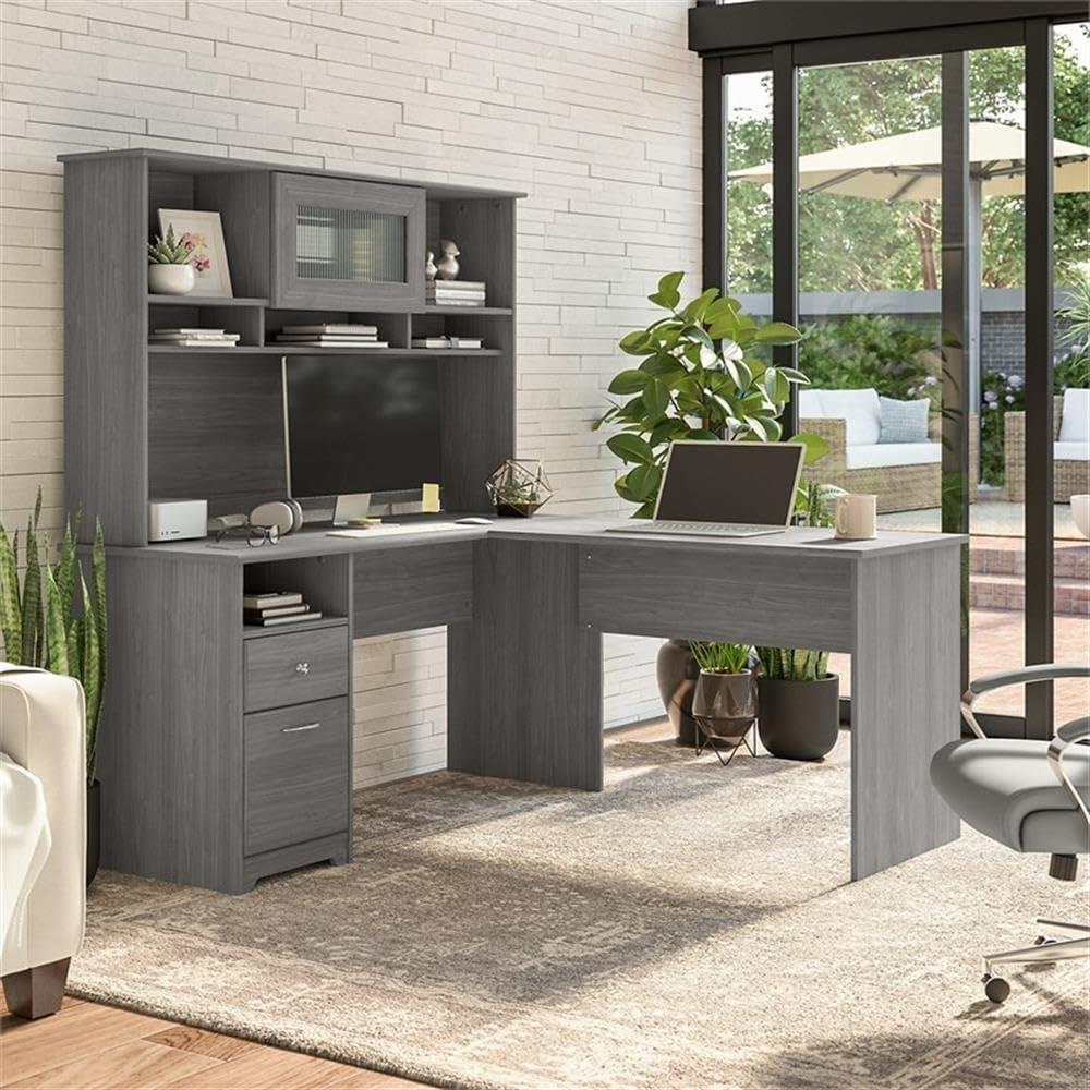 Cabot 60W L Shaped Desk with Hutch and Drawers in Modern Gray - Engineered Wood