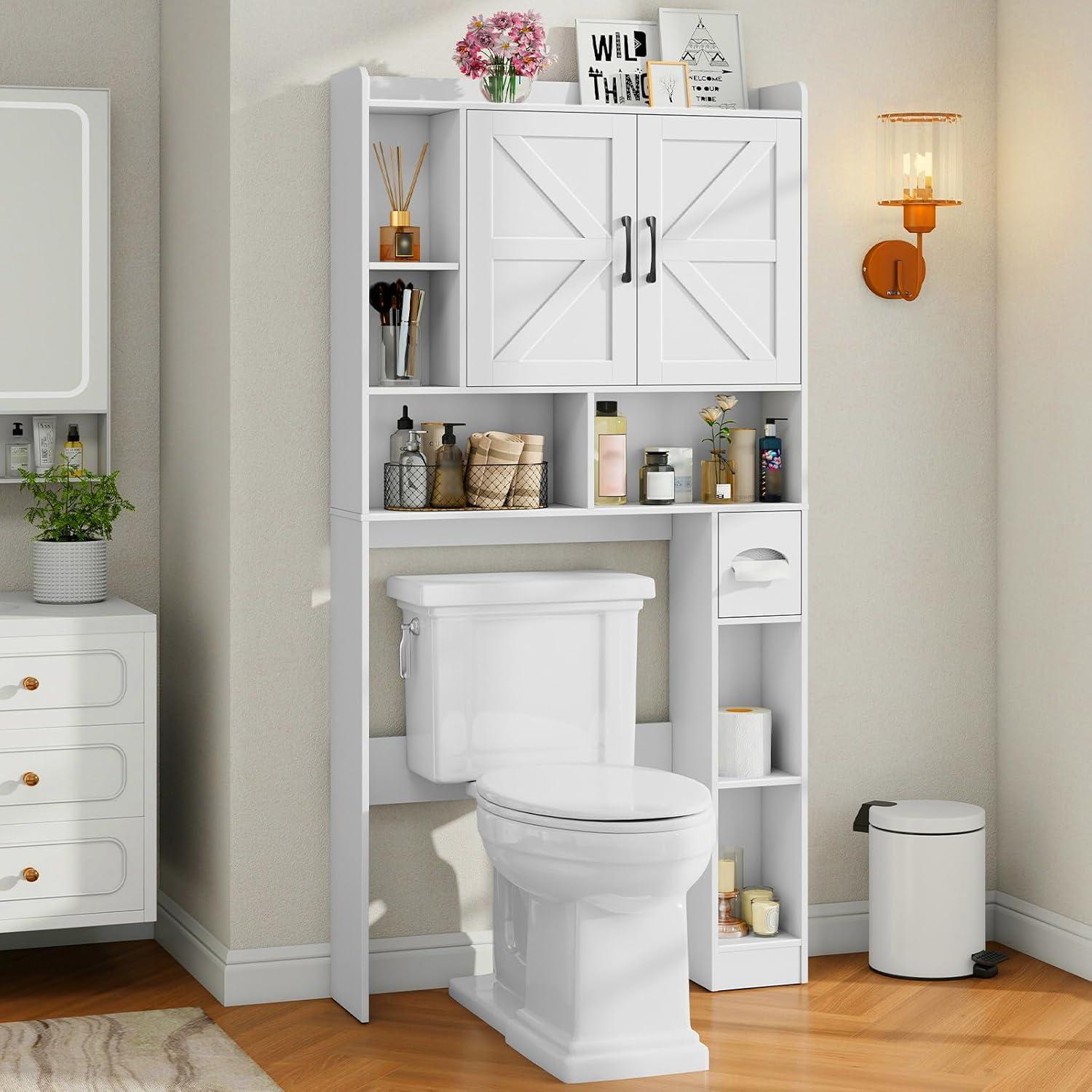 Over The Toilet Storage Cabinet, Farmhouse Storage Cabinet Over Toilet with Sliding Barn Door & Toilet Paper Holder Stand，Home Space-Saving Toilet Rack, for Bathroom, Restroom, Laundry（White）
