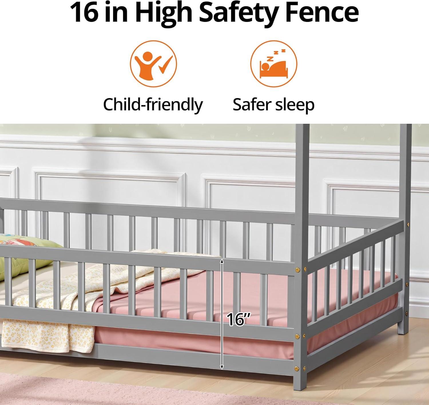 Twin Floor Bed for Kids, Wooden House Bed Frame with Roof, Fence Guardrails, Montessori Bed for Toddlers Girls Boys, Gray