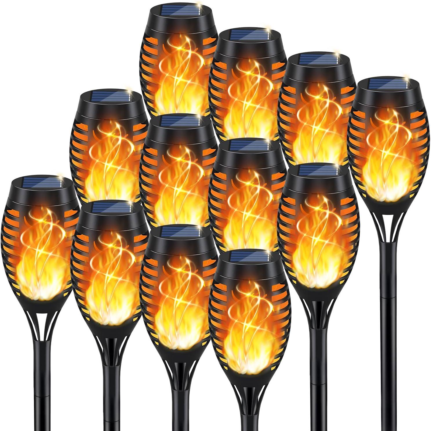 12-Pack Black Solar LED Pathway Lights with Flickering Flame