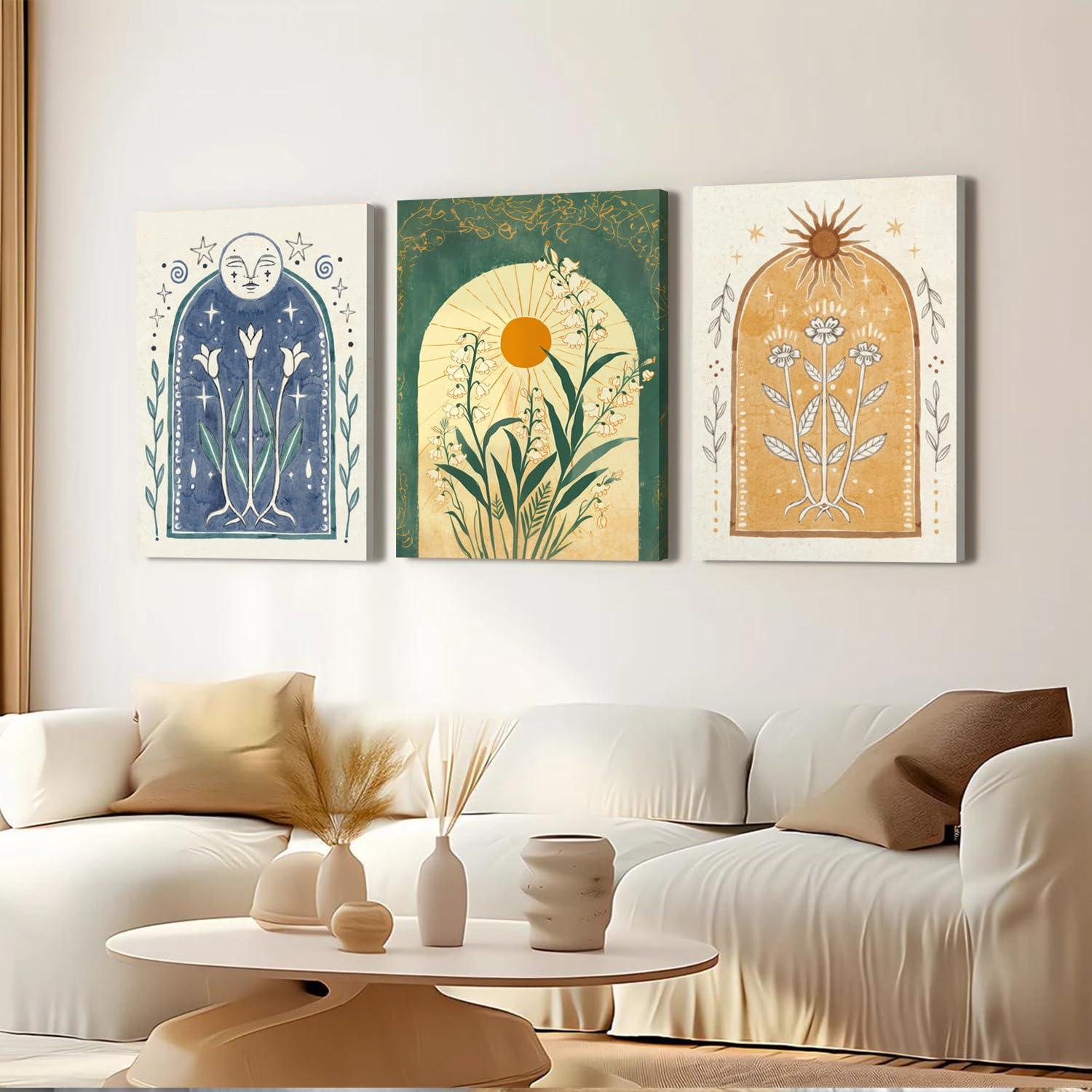 Lark Manor™ 3 Pieces Minimalism Botanical Canvas Wall Art Pink Flowers Line Plants Pictures Wall Decor Posters Print Artwork For Room Living Room Bedroom Bathroom Office Home Decoration