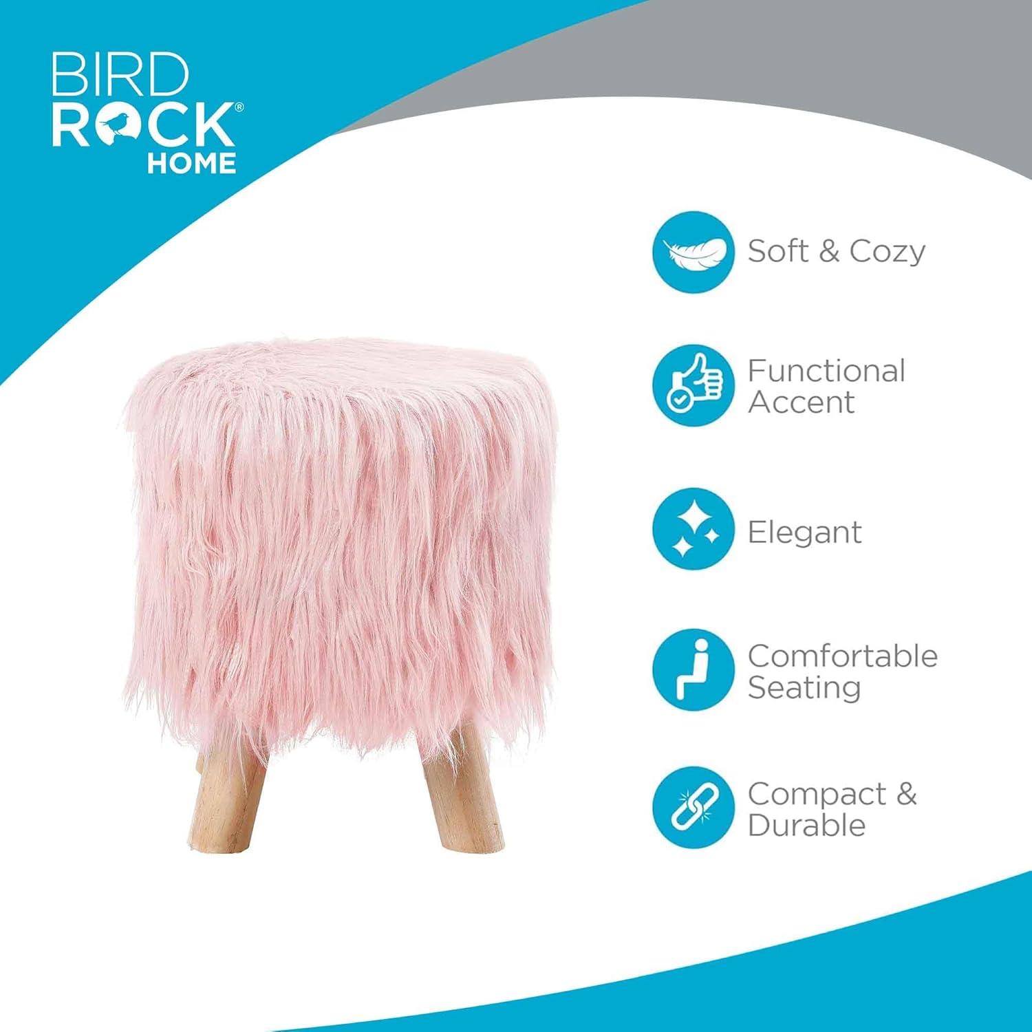 BirdRock Home Faux Fur Foot Stool Ottoman with Wood Legs - Pink
