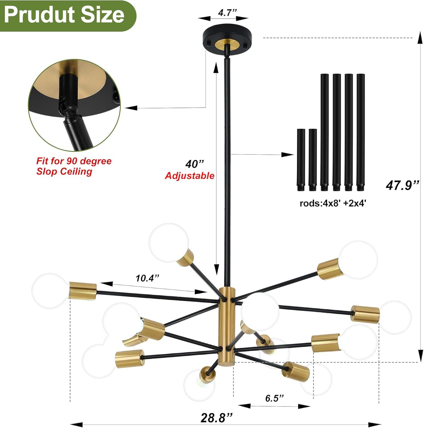 Kaisite  12-Light Modern Sputnik Chandeliers Black & Gold Ceiling Light Fixtures for Dining Room Living Room Bedroom