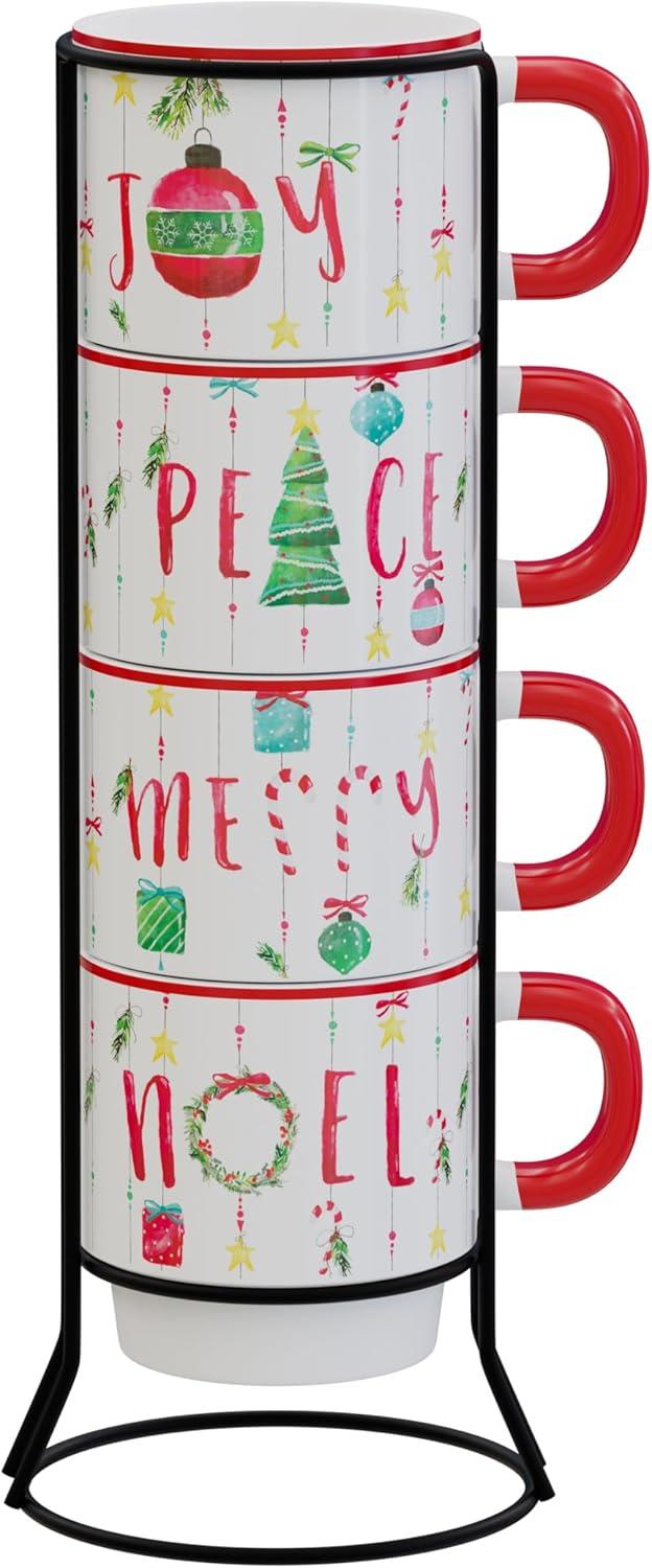 Holiday-Themed White Ceramic Stackable Mug Set with Rack