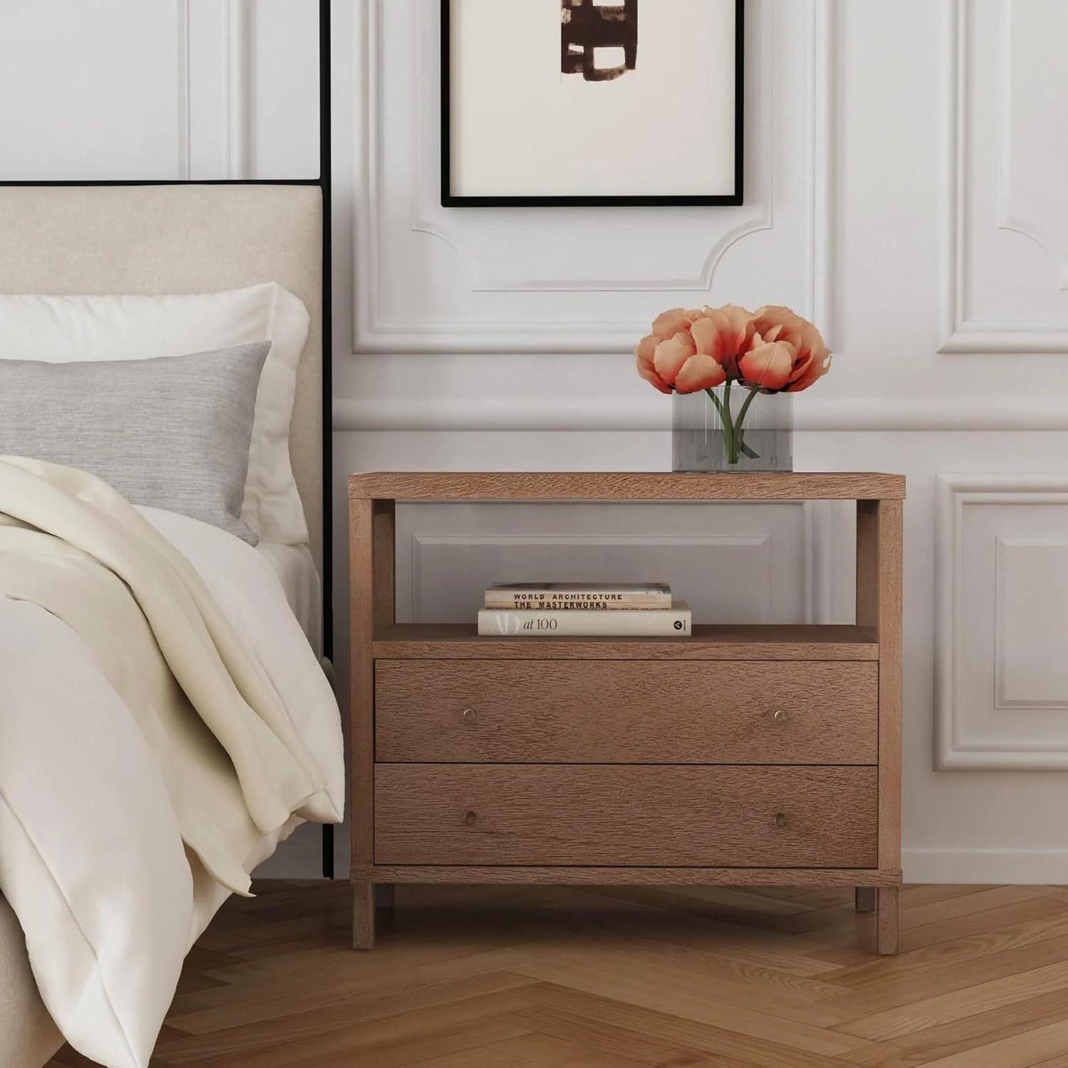 Warm Brown Bayur Wood 2-Drawer Nightstand with Open Shelf