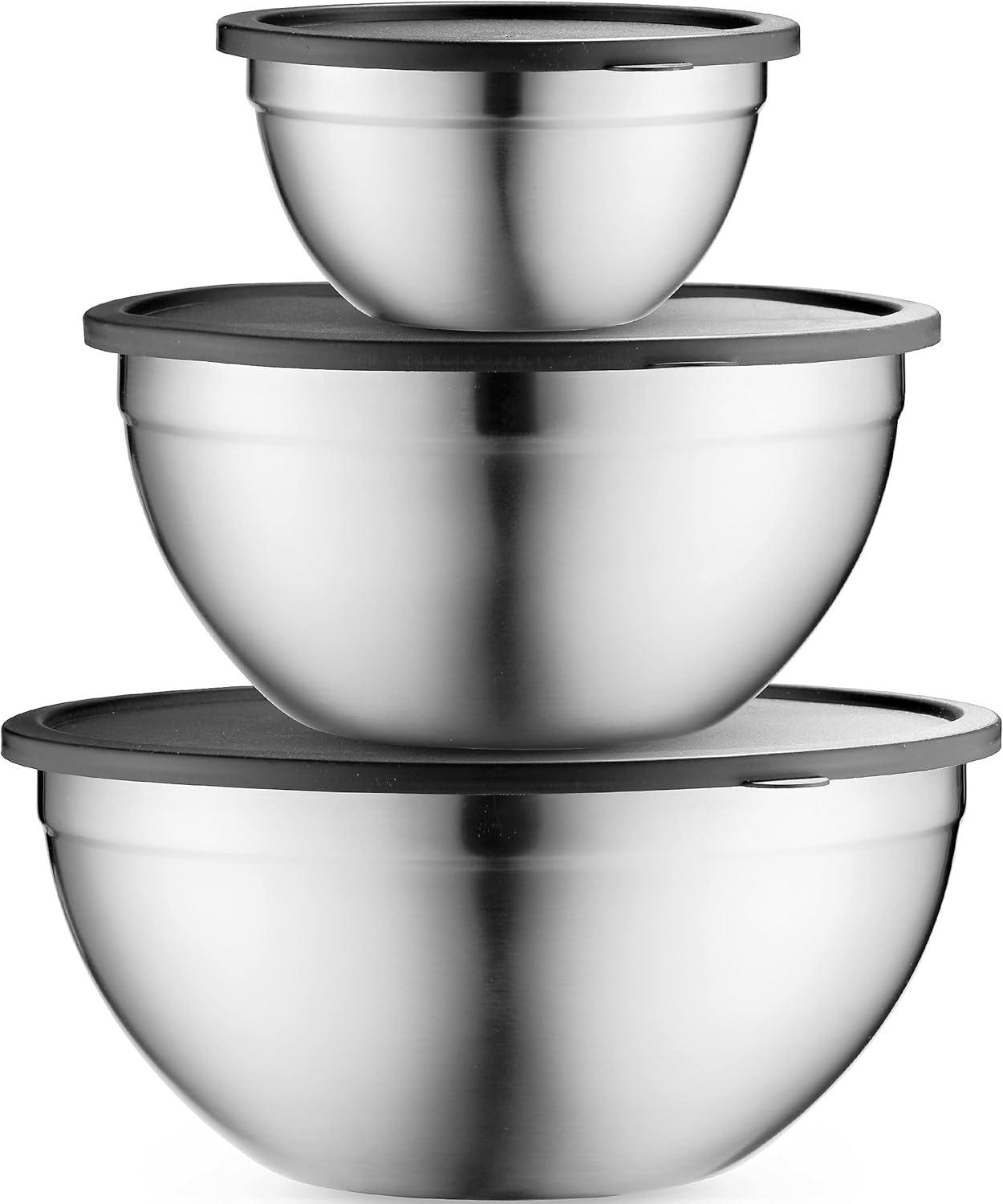 Riqueza Mixing Bowl Set, 3-Piece, Stainless Steel, Sealed Lids, Non-Slip, Dishwasher Safe, 2.6/2.3/1.3L Capacity