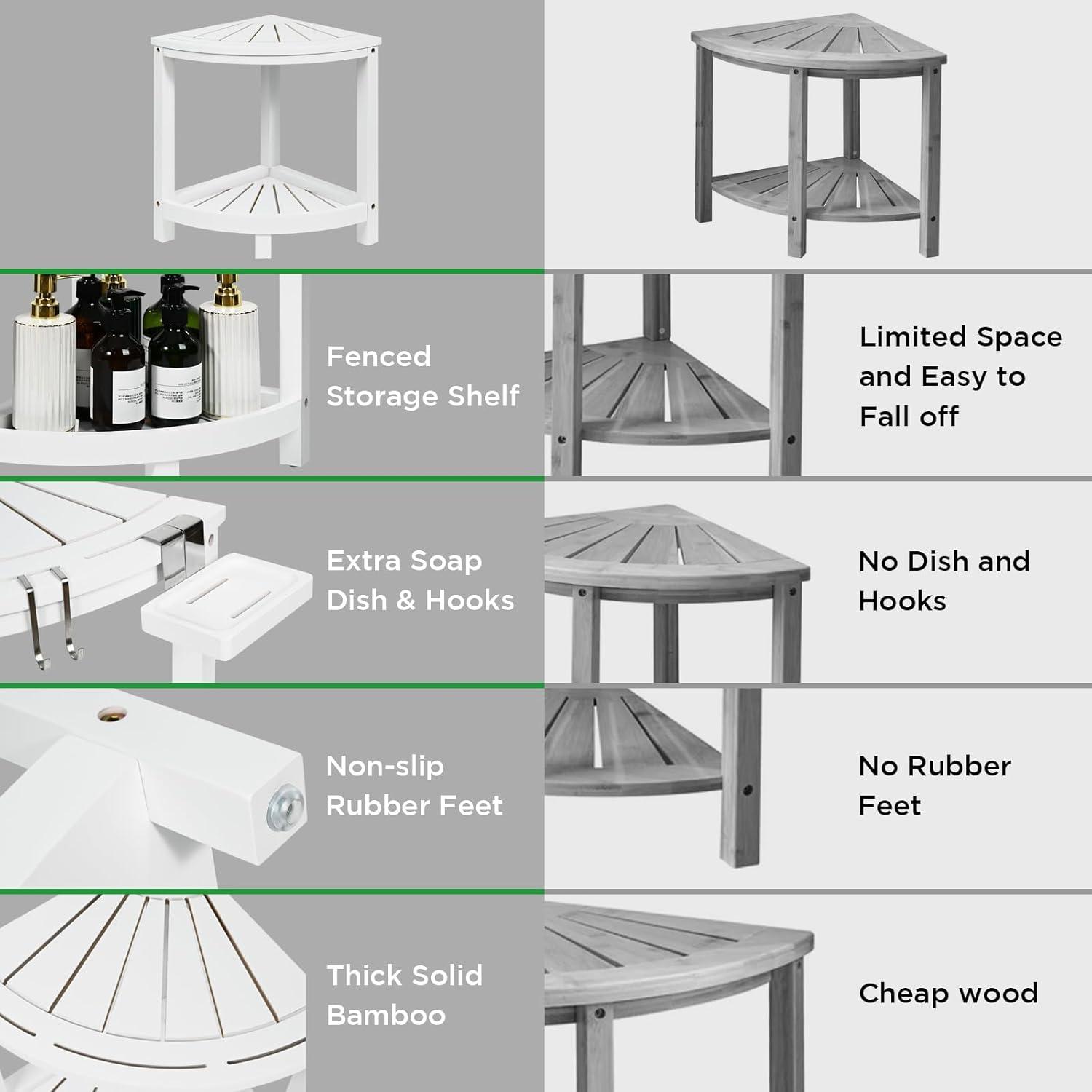 Ollieroo 2-Tier Bamboo Corner Shower Stool for Shaving Legs, Waterproof Bench with Storage Shelf and Soap Dish, Non-Slip Foot Rest (White)