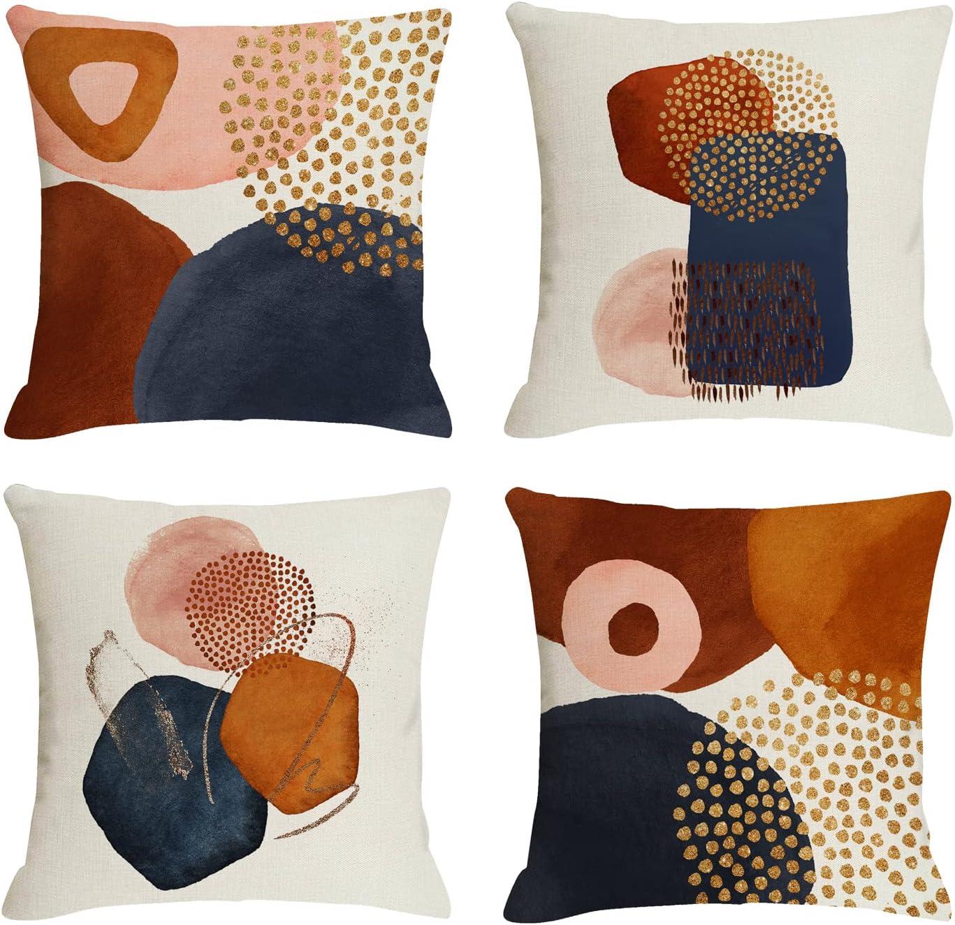 Mid Century Modern Boho Abstract Throw Pillow Covers 18x18 Set of 4 Aesthetic Navy Blue Burnt Orange Pillow Covers Geometric Minimalist Decor for Couch Home Decor