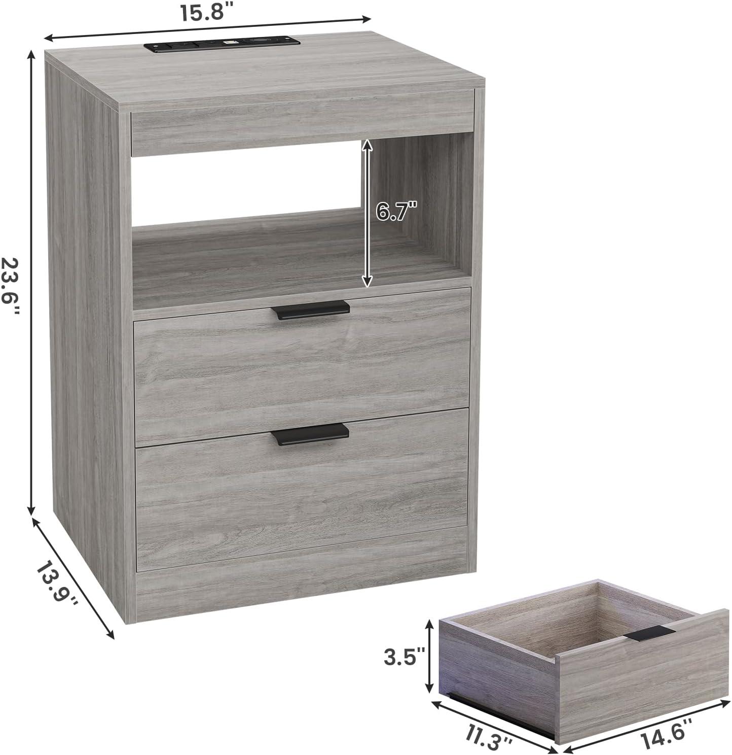 Exlonjet Black Nightstand with Wireless Charging Station and LED Lights, Bedside Table with 2 Drawers, Open Storage, 1 Pull-Out Tray, End Side Table with Charging Station, LED Night Stand with Storage