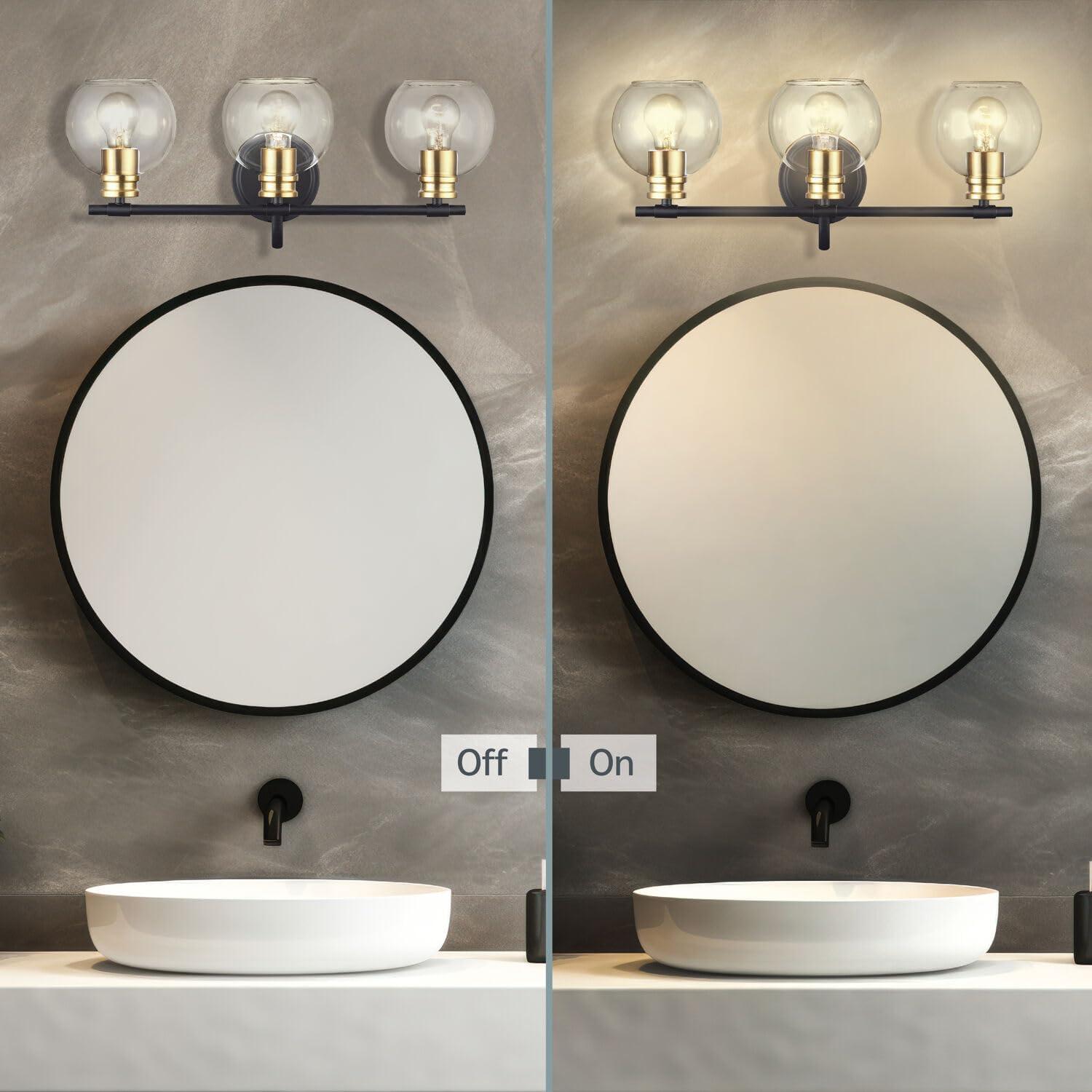 Black and Brushed Brass 3-Light Vanity Bar with Clear Glass Shades