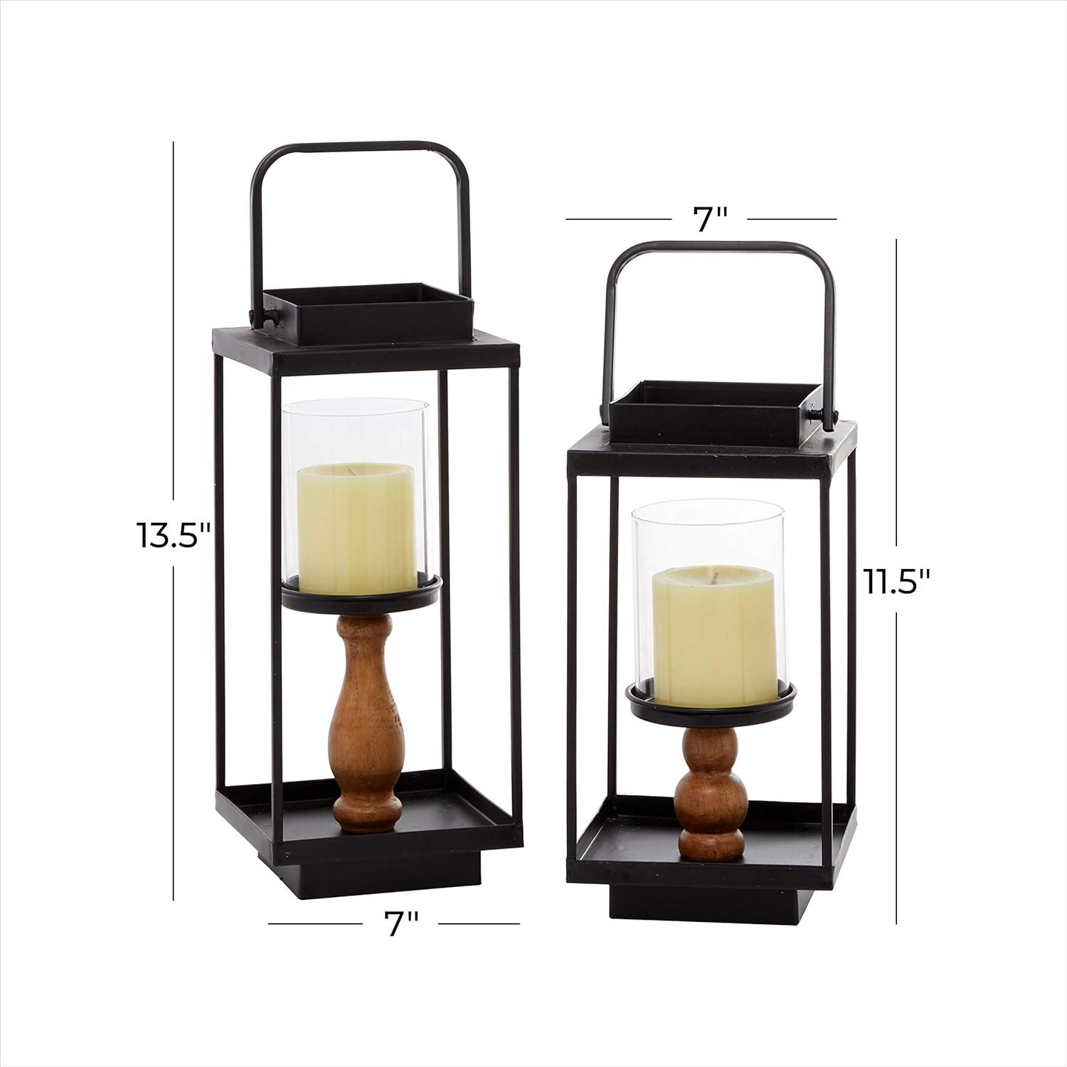 Rustic Black Iron and Wood Lantern Candle Holders, Set of 2