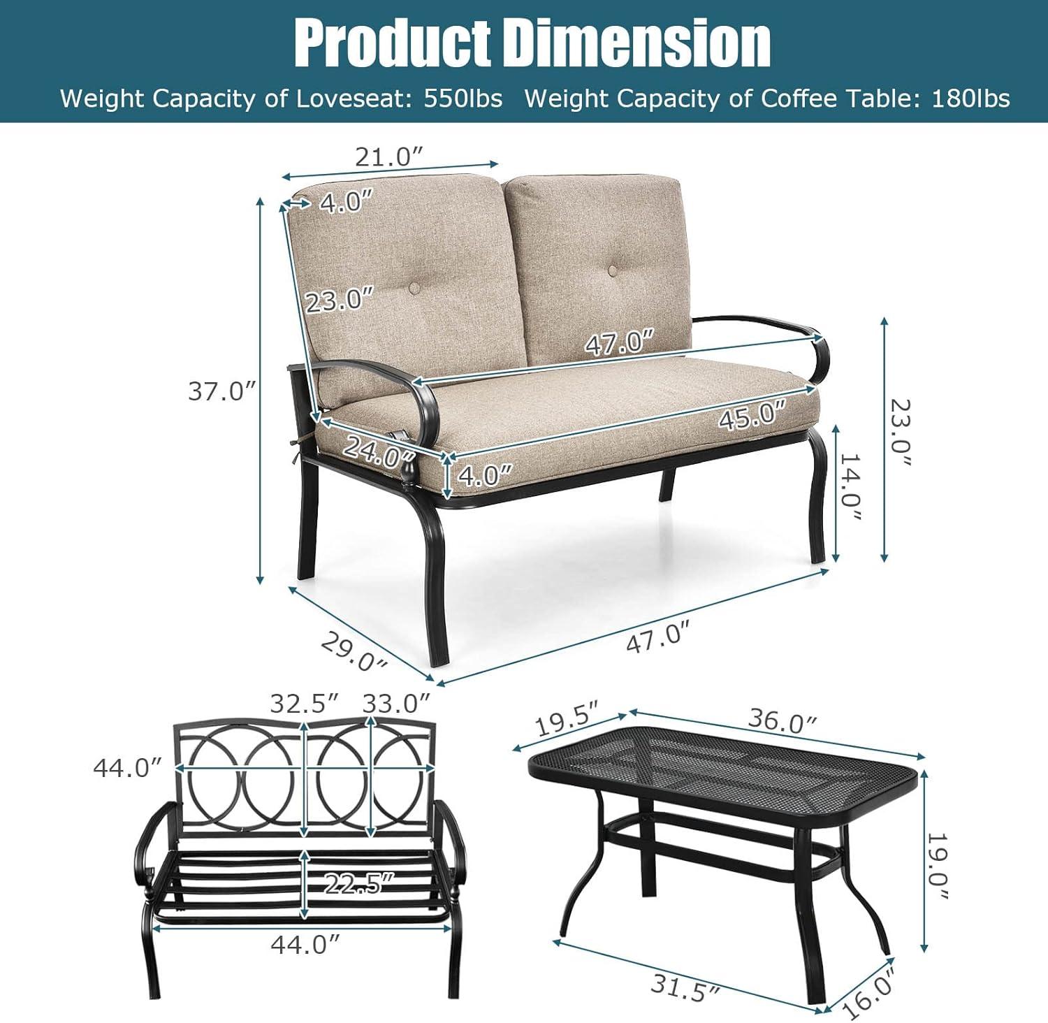 Beige Cushioned Steel Patio Loveseat with Coffee Table