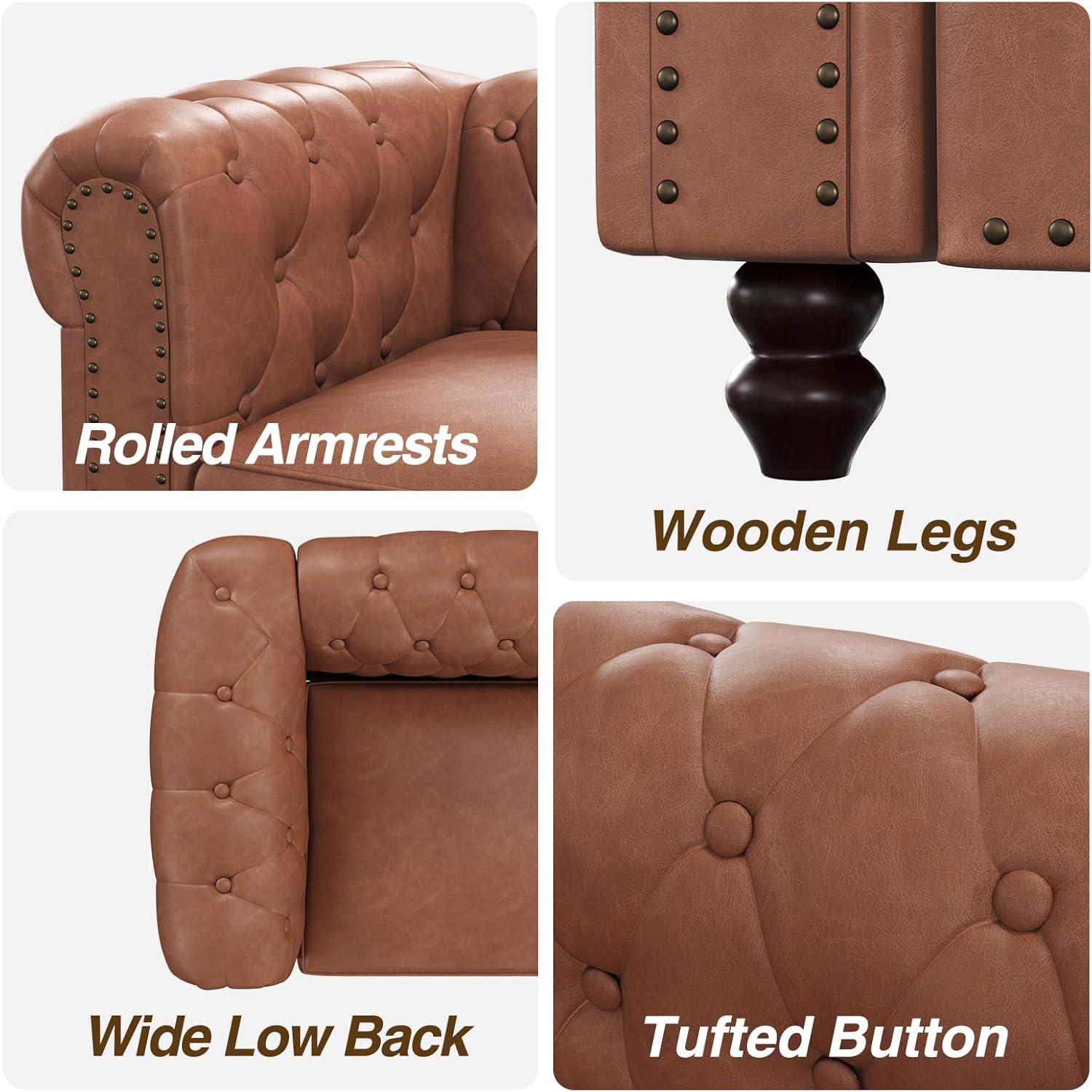 72 Inch Brown Couch, Chesterfield Faux Leather Sofa with Wooden Legs, Vintage Tufted Sofa with Rolled Arms, Mid Century Modern Couch with Rivets for Living Room, Apartment, Office