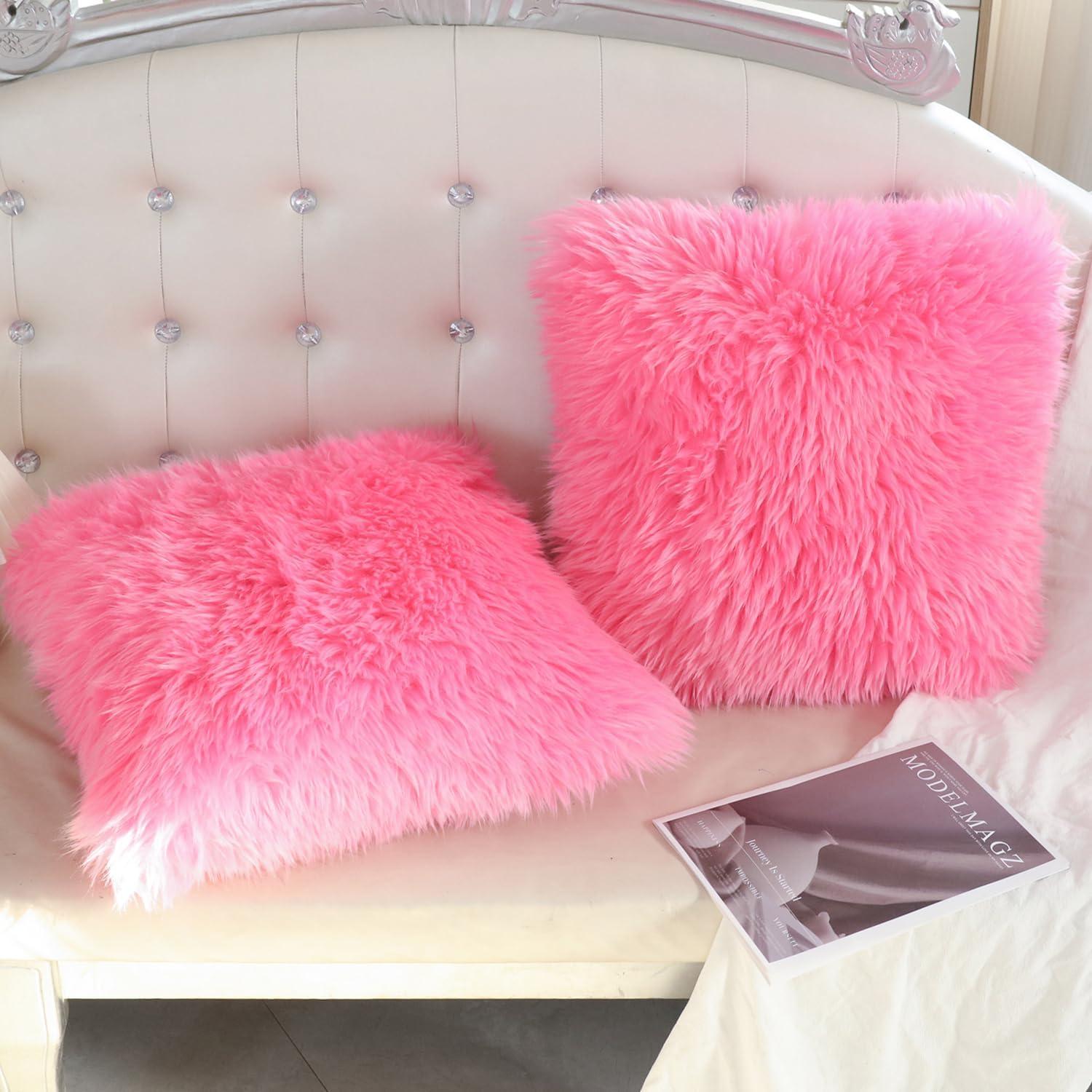 Set of 2 Fluffy Pillow Covers New Luxury Series Merino Style Blush Faux Fur Decorative Throw Pillow Covers Square Fuzzy Cushion Case 18x18 Inch