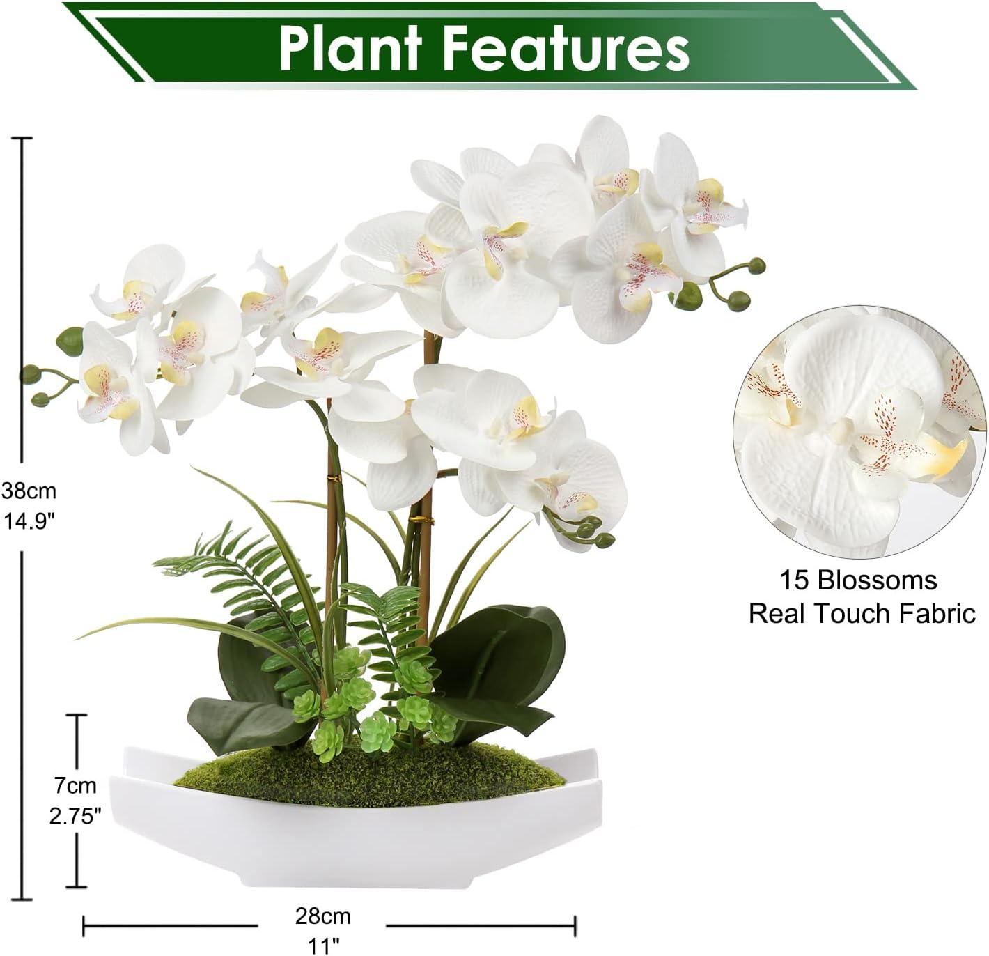15" Artificial Orchid Flowers Phalaenopsis Flower Arrangements in Silver Vase Wedding Party Home Decor