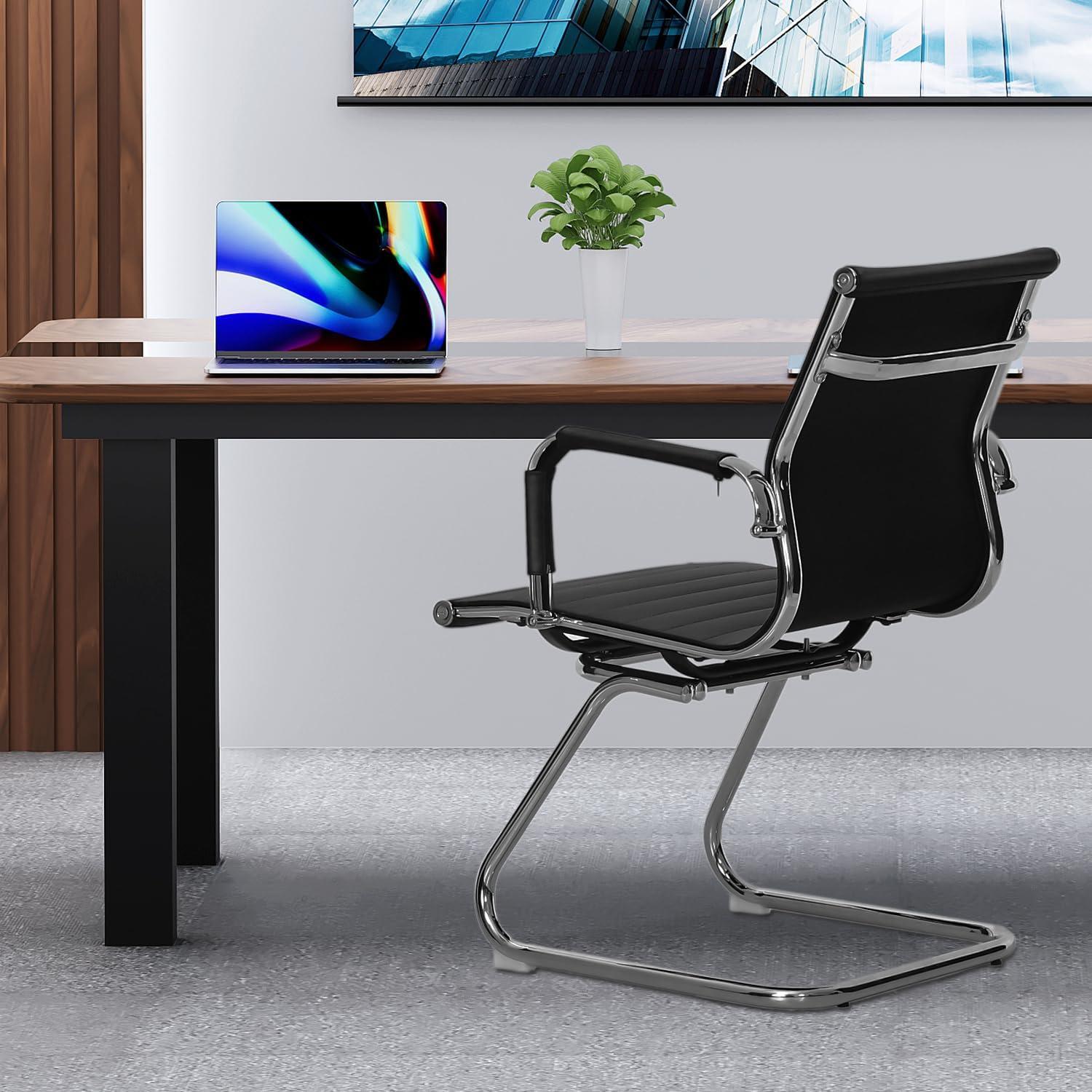 Guyou Modern Mid Back Office Guest Chair Set of 2, Faux Leather Reception Chair Computer Chair with Armrests and Metal Sled Base for Meeting/Waiting/Conference Room, No Wheels, Black