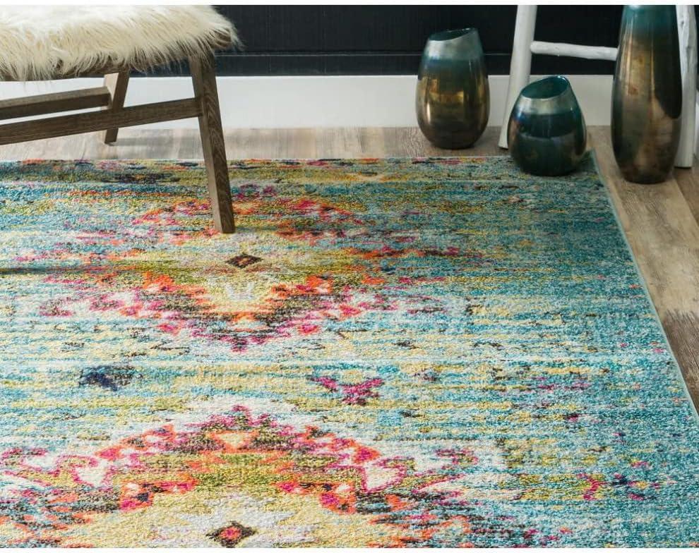 Turquoise and Yellow Over-Dyed Tribal Vintage Rectangular Rug