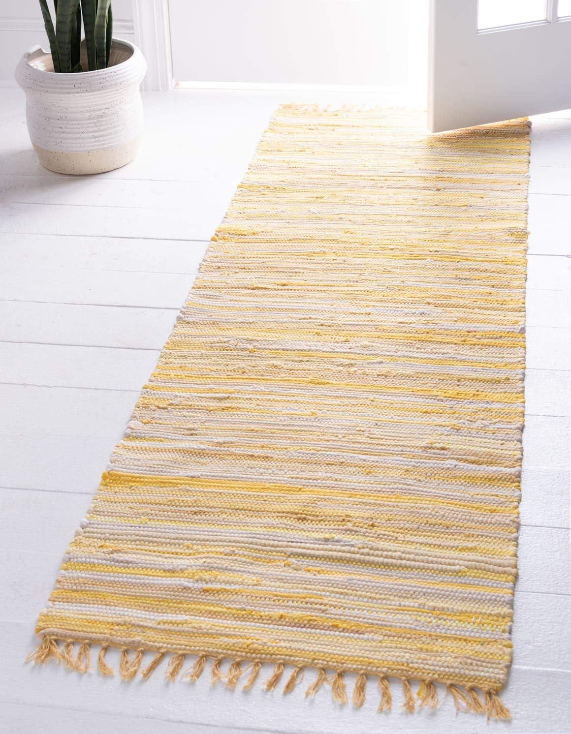 Handmade Yellow Stripe Cotton Indoor Runner Rug, Easy Care