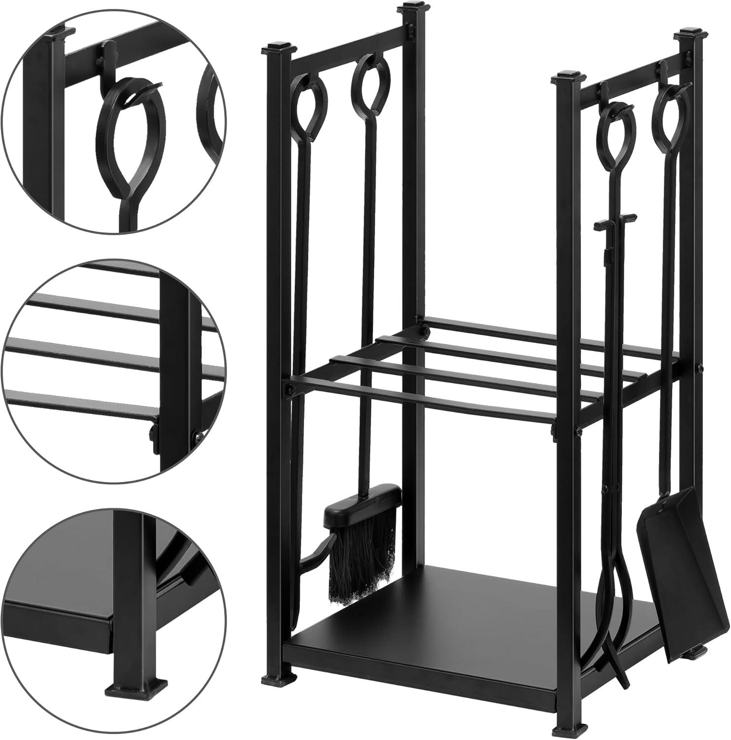 Black Wrought Iron Firewood Rack with Tools Set